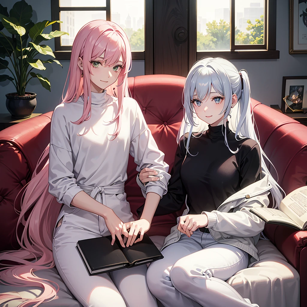 In a modern living room, bathed in sunlight streaming through open curtains, a young man and a young woman sit together on a comfortable sofa. The man has striking features: white hair, glimmering yellow eyes, and a slender build. He wears a crisp white shirt paired with white jogging pants, and holds a meticulously detailed smartphone, his expression warm and smiling. Across from him, the woman captivates with her long pink hair and matching pink eyes, dressed in a pink shirt and jeans. She is engrossed in a green book, her attention entirely absorbed to the book.
The scene is a masterpiece of artistic detail, characterized by top-quality animation. Both characters possess expressive eyes, flawless faces, and hands with perfect anatomical detail, down to their fingers. The setting complements their modern aesthetic, with meticulously designed furnishings and decorations enhancing the modern ambiance of the room.