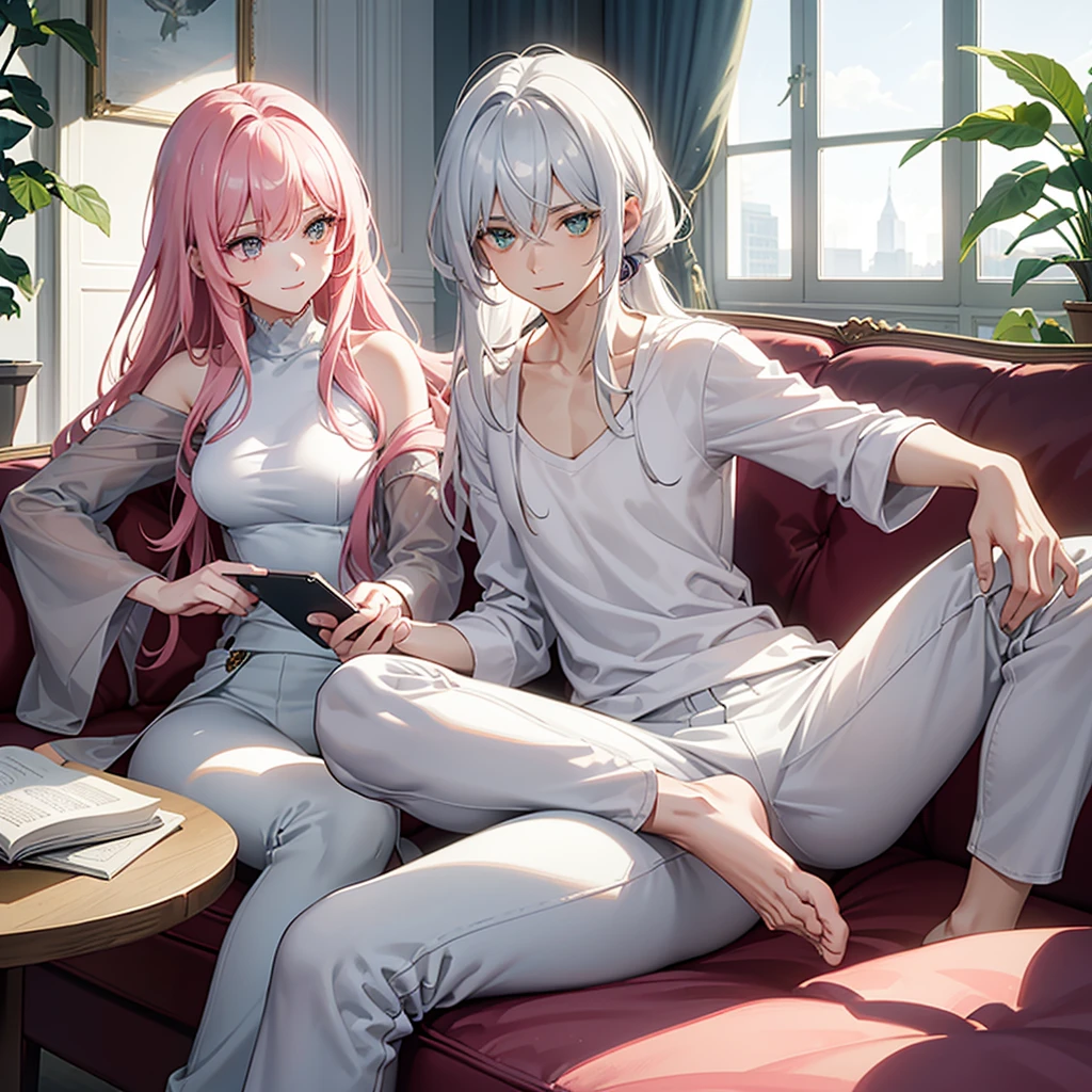 In a modern living room, bathed in sunlight streaming through open curtains, a young man and a young woman sit together on a comfortable sofa. The man has striking features: white hair, glimmering yellow eyes, and a slender build. He wears a crisp white shirt paired with white jogging pants, and holds a meticulously detailed smartphone, his expression warm and smiling. Across from him, the woman captivates with her long pink hair and matching pink eyes, dressed in a pink shirt and jeans. She is engrossed in a green book, her attention entirely absorbed to the book.
The scene is a masterpiece of artistic detail, characterized by top-quality animation. Both characters possess expressive eyes, flawless faces, and hands with perfect anatomical detail, down to their fingers. The setting complements their modern aesthetic, with meticulously designed furnishings and decorations enhancing the modern ambiance of the room.