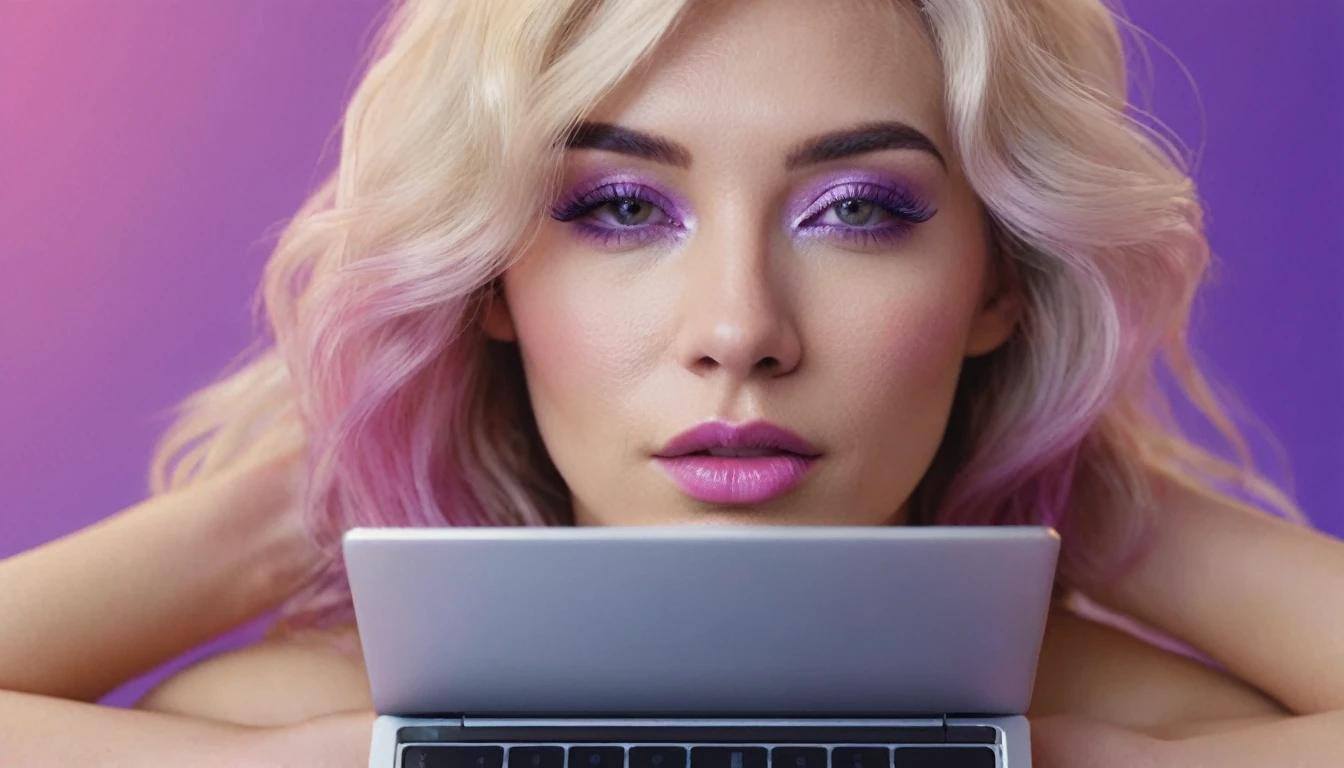 laptop in hands, squirting naked blackhair woman with long hair laying on bed, she holds laptop in her hands, open mouth, glowing with pink and purple colours, hair floating covering chest, wavy hair spread out, she is laying on her back, attractive neck, sensual woman, hands on face, laying on her back, pale skin curly blond hair, sensuality, fashion model face closed eyes, fashion model face, close up of a blonde woman, she is having orgasm, minimalistic, in a light purple and pink style, with soft edges and blurred details, in the toycore style, with a 3D render, on a colorful background, with a minimalist stage design, in a surreal style, with a cinema4D rendering, with a minimalist style, with low saturation, using gradient colors, with a cinema4D rendering, with a blender rendering, with super detail, at a super high resolution, at a super high definition