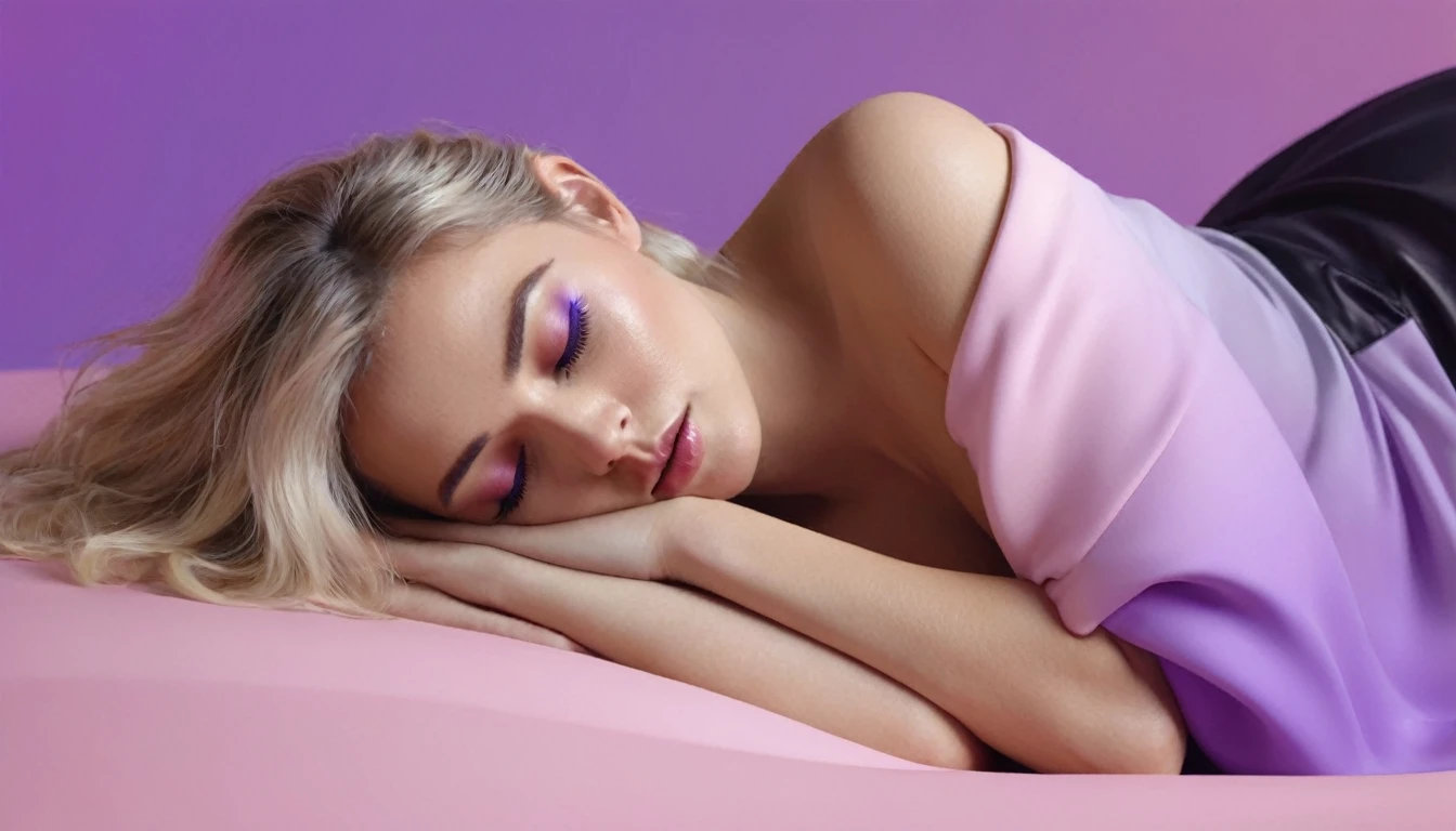 laptop in hands, squirting naked blackhair woman with long hair laying on bed, she holds laptop in her hands, open mouth, glowing with pink and purple colours, hair floating covering chest, wavy hair spread out, she is laying on her back, attractive neck, sensual woman, hands on face, laying on her back, pale skin curly blond hair, sensuality, fashion model face closed eyes, fashion model face, close up of a blonde woman, she is having orgasm, minimalistic, in a light purple and pink style, with soft edges and blurred details, in the toycore style, with a 3D render, on a colorful background, with a minimalist stage design, in a surreal style, with a cinema4D rendering, with a minimalist style, with low saturation, using gradient colors, with a cinema4D rendering, with a blender rendering, with super detail, at a super high resolution, at a super high definition