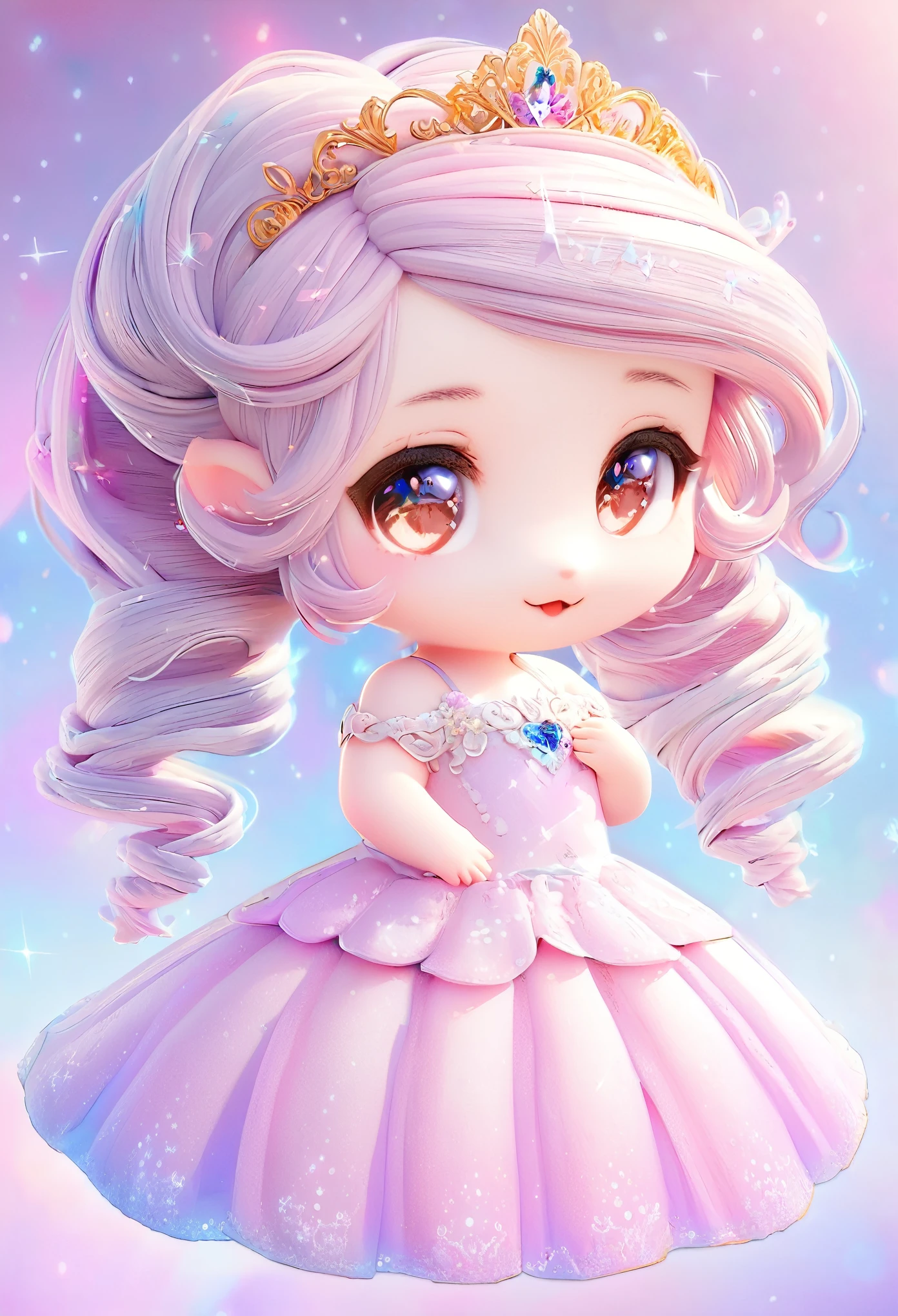 best quality, super fine, extremely detailed, 2.5D, delicate and dynamic, chibi, beautiful and cute princess, princess hairstyle, princess dress, accessories, sparkly pastel color effect background
