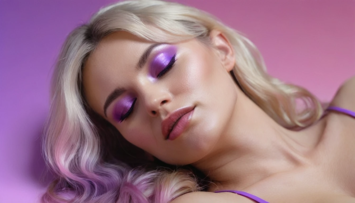 laptop in hands, squirting naked blackhair woman with long hair laying on bed, she holds laptop in her hands, open mouth, glowing with pink and purple colours, hair floating covering chest, wavy hair spread out, she is laying on her back, attractive neck, sensual woman, hands on face, laying on her back, pale skin curly blond hair, sensuality, fashion model face closed eyes, fashion model face, close up of a blonde woman, she is having orgasm, minimalistic, in a light purple and pink style, with soft edges and blurred details, in the toycore style, with a 3D render, on a colorful background, with a minimalist stage design, in a surreal style, with a cinema4D rendering, with a minimalist style, with low saturation, using gradient colors, with a cinema4D rendering, with a blender rendering, with super detail, at a super high resolution, at a super high definition