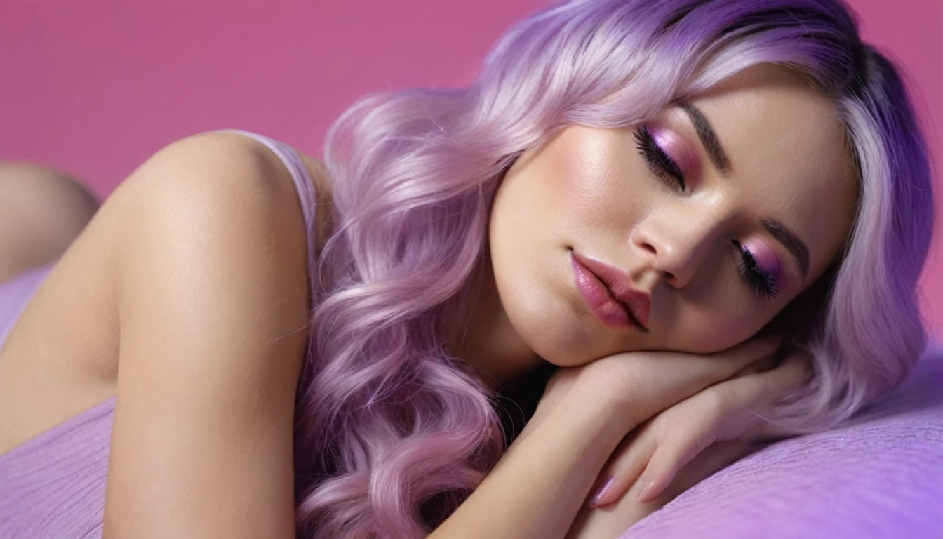 laptop in hands, squirting naked blackhair woman with long hair laying on bed, she holds laptop in her hands, open mouth, glowing with pink and purple colours, hair floating covering chest, wavy hair spread out, she is laying on her back, attractive neck, sensual woman, hands on face, laying on her back, pale skin curly blond hair, sensuality, fashion model face closed eyes, fashion model face, close up of a blonde woman, she is having orgasm, minimalistic, in a light purple and pink style, with soft edges and blurred details, in the toycore style, with a 3D render, on a colorful background, with a minimalist stage design, in a surreal style, with a cinema4D rendering, with a minimalist style, with low saturation, using gradient colors, with a cinema4D rendering, with a blender rendering, with super detail, at a super high resolution, at a super high definition
