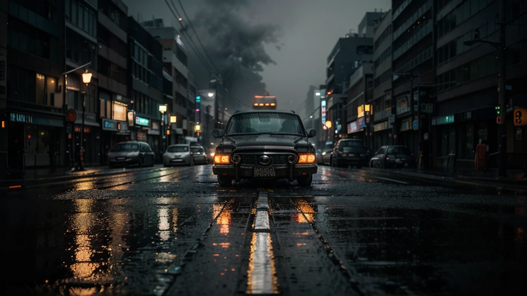 A melancholic cityscape at dusk, captured on 35mm film, in the rain-soaked streets of Tokyo's Shinjuku district, where neon lights struggle to pierce the veil of mist and sorrow. A lone, rusty sedan sits at the curb, its headlights dimly illuminating the wet asphalt, as if sharing the scene's somber tone. The reflection of sodium lamps dances across the road's glistening surface, imbuing the atmosphere with a sense of longing. The color palette is muted, with blues and grays dominating, while warm hues from streetlights cast an eerie glow, evoking a cinematic, rain-kissed noir ambiance.