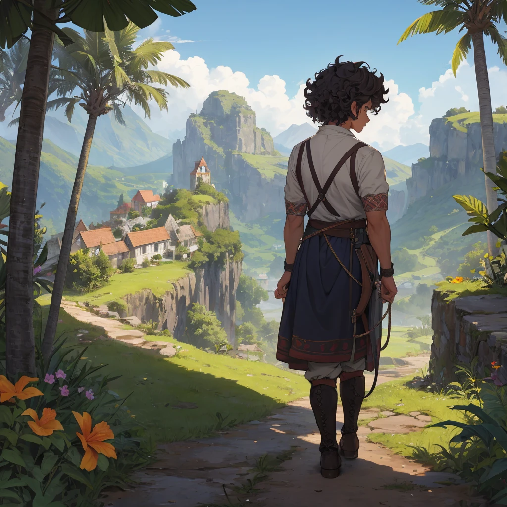 back view curly hair boy with medieval farmer outfit adventure in the tropical mounntain