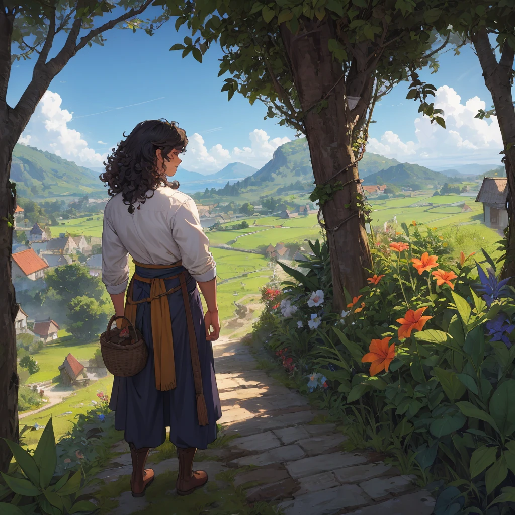 back view curly hair boy with medieval farmer outfit adventure in the tropical mounntain
