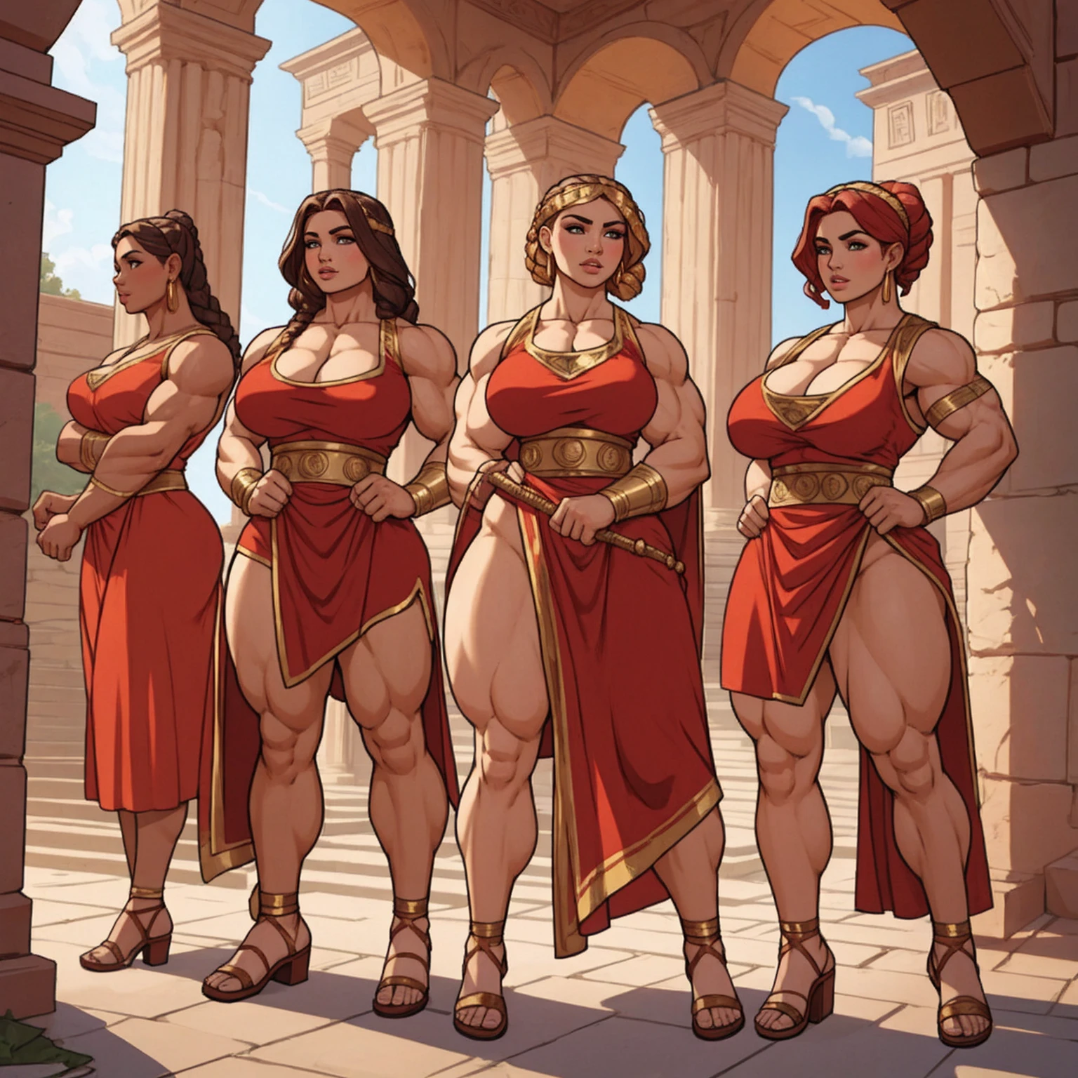 group of girls in roman attire, young, muscular, athletic, buff, attractive, curvy, powerful, 