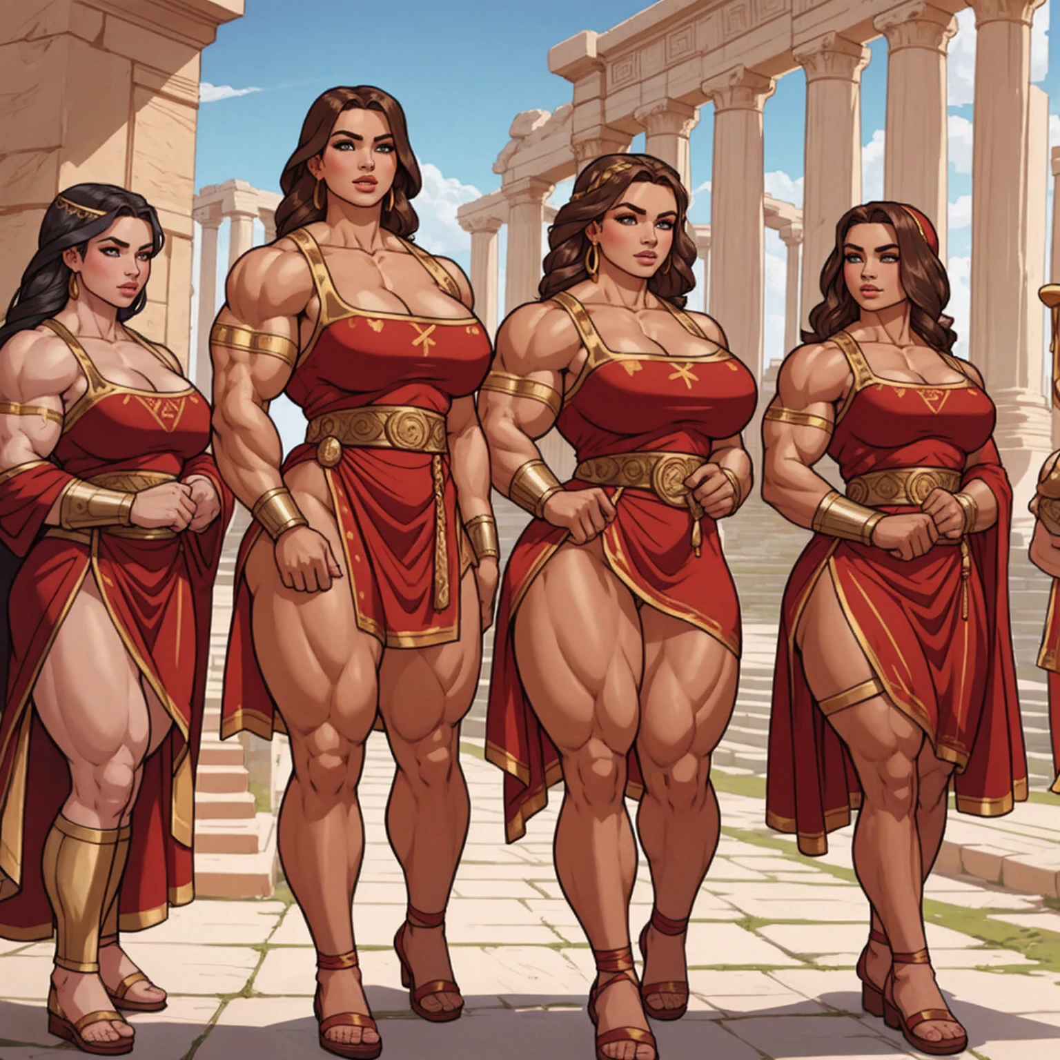 group of girls in roman attire, young, muscular, athletic, buff, attractive, curvy, powerful,