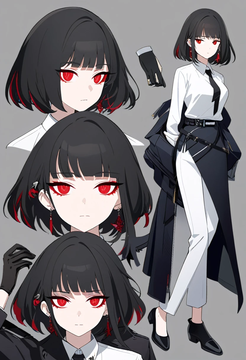 One woman,Dynamic,whole body,Are standing,mysterious,Concept Art,Character Design,Jet black straight hair,The bangs are trimmed to accentuate the eyes.,Short Hair,Well-proportioned face,Sharp Eyes,White shirt and black tie,Black slacks,Silver cufflinks on the left hand,On the ring finger of her right hand she wears a simple silver ring.。Luxury watches,Black leather shoes,beltでウエストラインを強調,Arknights Wind,Stylish,Red eyes,belt,Stylishな赤い模様の上着,Stylish,Simple background gray,Details,Okabo Hair,Half-open eyes,Cool appearance,Multiple Views,Black gloves,
