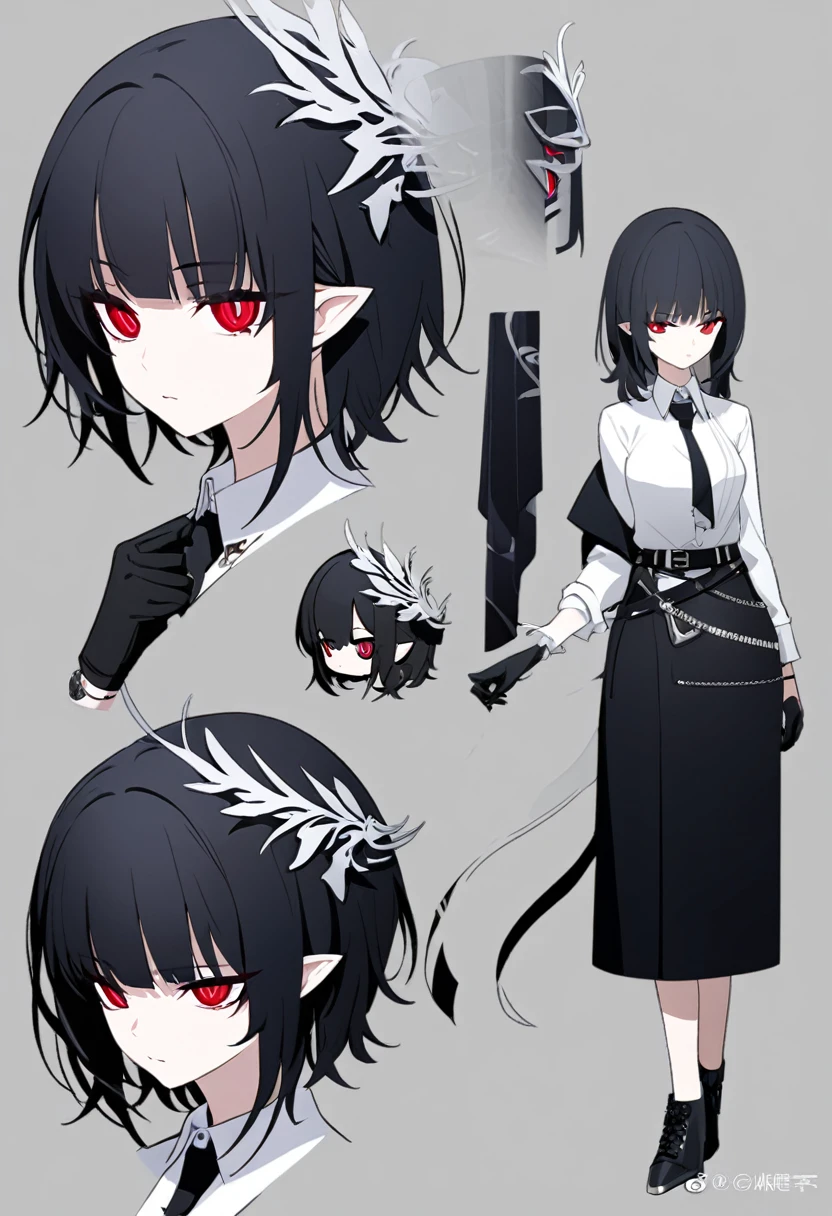 One woman,Dynamic,whole body,Are standing,mysterious,Concept Art,Character Design,Jet black straight hair,The bangs are trimmed to accentuate the eyes.,Short Hair,Well-proportioned face,Sharp Eyes,White shirt and black tie,Black slacks,Silver cufflinks on the left hand,On the ring finger of her right hand she wears a simple silver ring.。Luxury watches,Black leather shoes,beltでウエストラインを強調,Arknights Wind,Stylish,Red eyes,belt,Stylishな赤い模様の上着,Stylish,Simple background gray,Details,Okabo Hair,Half-open eyes,Cool appearance,Multiple Views,Black gloves,