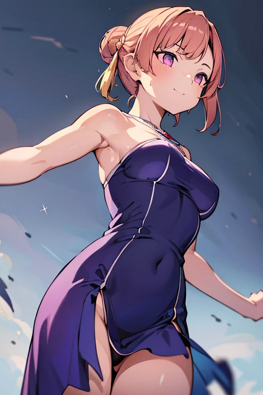 (from below:1.2),(from side:0.9), (Close-Up:0.4), highest quality、(real、photorealistic:1.4)、(RAW photo:1.2)(Curve,Model,glamor:1.5),Beautiful breasts,colour_aberration,beautiful detailed shadow,Beautiful eyes,Beautiful body,Beautiful skin,beautifull hands,(medium_breasts:1.5),1 girl in, purple color hair、Purplish pink eyes that dreamers desire, (Blonde hair) , small stature, Colossal tits, Lori, (masutepiece:1.2, Best Quality), (finely detailed beautiful eye: 1.2), (beautifull detailed face), (Best Illumination, extremely delicate and beautiful), ((Cinematic Light)), Dramatic light, Short bob hair(1:3),Ultra Contrast、Braid a little around the ears, clavicle, White long dress、only has 5 fingers,Her pussy is visible through the white thong、Wet pants、You can see inside your underwear、full of sweat、mocking look、diaper、nffsw,Arms crossed、grab the arm、Shoot from below、The angle is as seen from below.、Best Quality、Large breastuscular pussy、Pubic hair,high-level image quality、hightquality、8K,perfect hand、5 fingers、finger pin、Perfect Finger、T back、Naked、noise cut、bullet hand、Her hair color should have been a brighter purple.The skirt part is also carefully expressed..、Purple skirt、the skirt is floating in the wind、Dark purple panties、Pubic hair majority,(with sparkling eyes and a contagious smile),her thin pubic hair, looking at viewer
