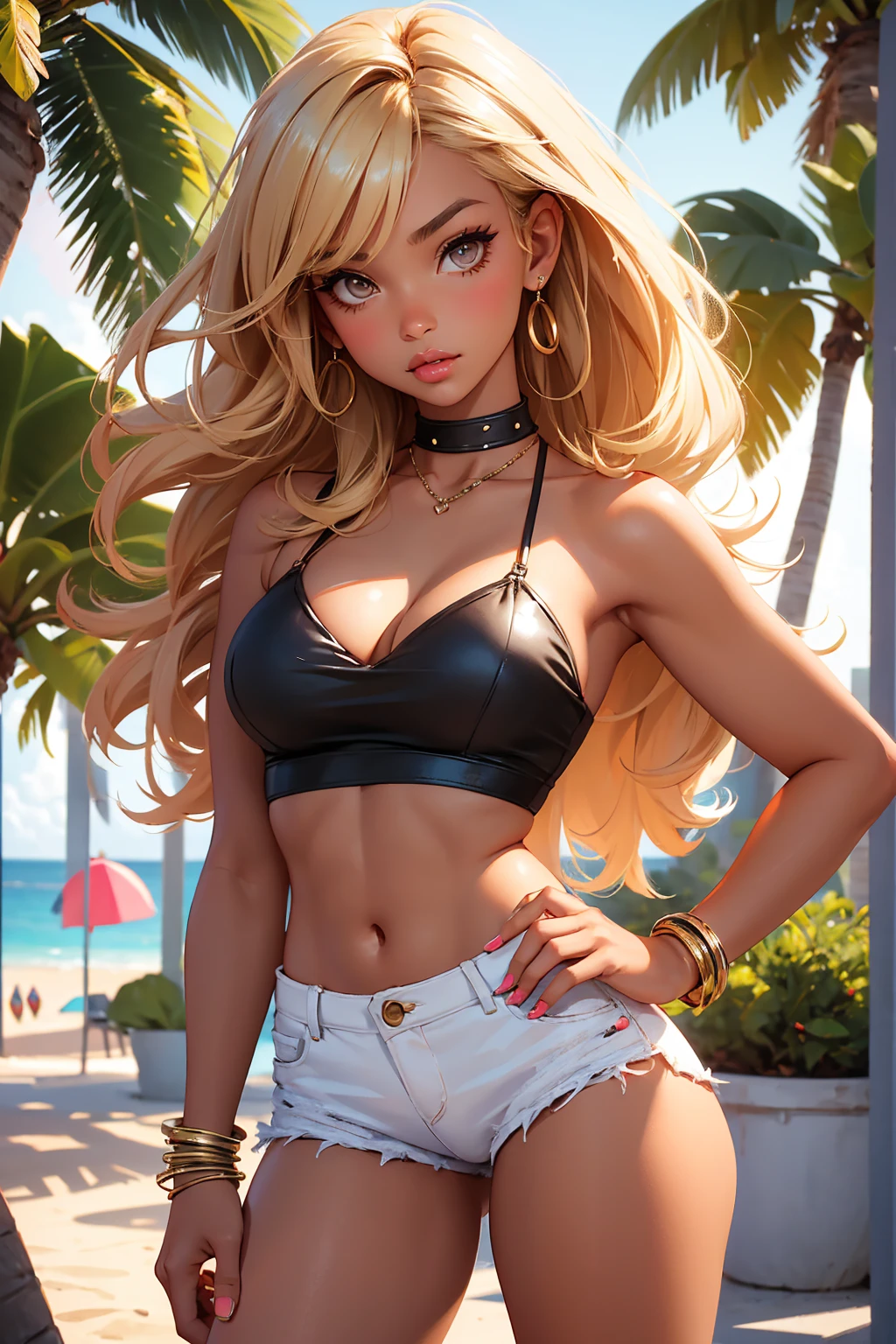 age girl-model 18 years old, beautiful, tanned, blonde, bob hair, bangs, brown eyes, beautiful figure, girl wearing crop shirt and too short mini shorts, beautiful long legs, slave bracelets, slave choker, manicure, cute makeup, flirtatiously posing, hot summer, hot flirty, sexy posing, summer outfit, top quality, higest quality, pin-up style, retro 80s style, Daisy Dukes style, slave girl, Miami vibes