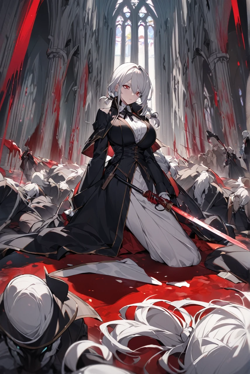 Tall pale woman,Big breasts
, defined long white hair tied up, Dressed in a black overcoat-style outfit,Musketeer hat, holding a Saber in one hand and not a hunter's pistol in the other,Interior of a cathedral of blood, several monsters lying on the floor dead