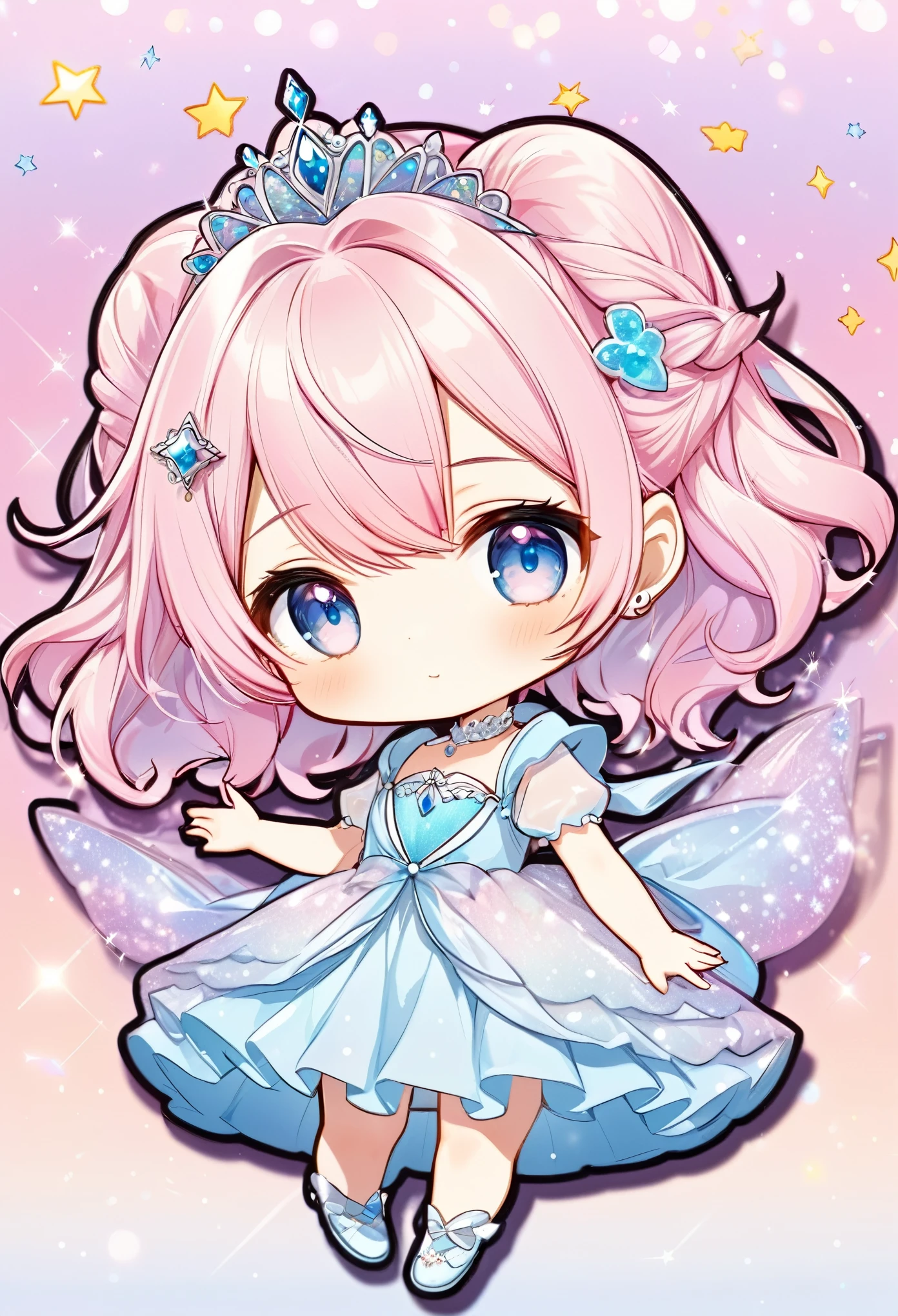 best quality, super fine, extremely detailed, 2.5D, delicate and dynamic, chibi, beautiful and cute princess, princess hairstyle, princess dress, accessories, sparkly pastel color effect background