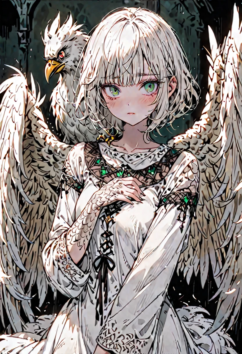 solo, female, sfw, warm, harem, medieval, harpy, large wings, wings, short, shy, dazed, unsure, emerald eyes, thick lashes, disheveled hair, short hair, bob cut hair, worn clothes, white dress, thin, shy pose, medium shot, claws, white scales on hands, ruffled feathers, blush, feather on hair