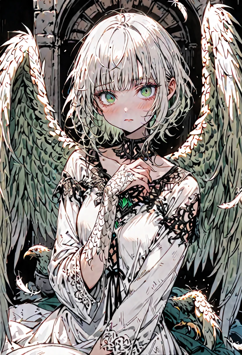 solo, female, sfw, warm, harem, medieval, harpy, large wings, wings, short, shy, dazed, unsure, emerald eyes, thick lashes, disheveled hair, short hair, bob cut hair, worn clothes, white dress, thin, shy pose, medium shot, claws, white scales on hands, ruffled feathers, blush, feather on hair