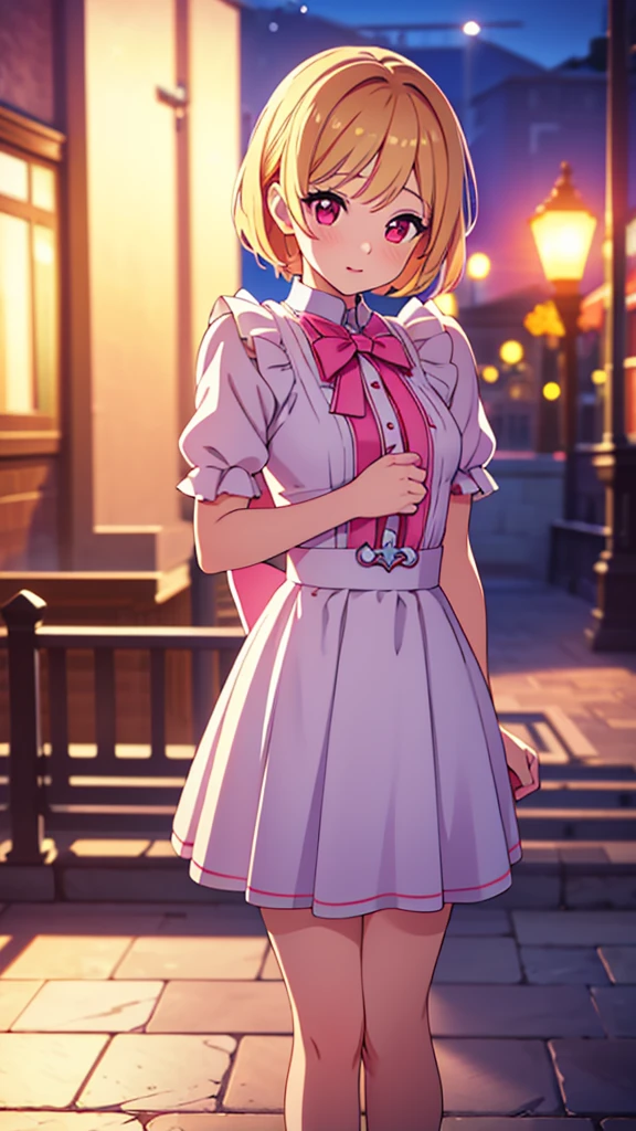 a tomboyish magical girl, full body looking embarrassed at viewer, short blond hair, red eyes, wearing a magical girl outfit, anime art style, (best quality,4k,8k,highres,masterpiece:1.2),ultra-detailed,(realistic,photorealistic,photo-realistic:1.37),HDR,UHD,studio lighting,ultra-fine painting,sharp focus,physically-based rendering,extreme detail description,professional,vivid colors,bokeh,beautiful detailed eyes,beautiful detailed lips,extremely detailed eyes and face,long eyelashes,1girl