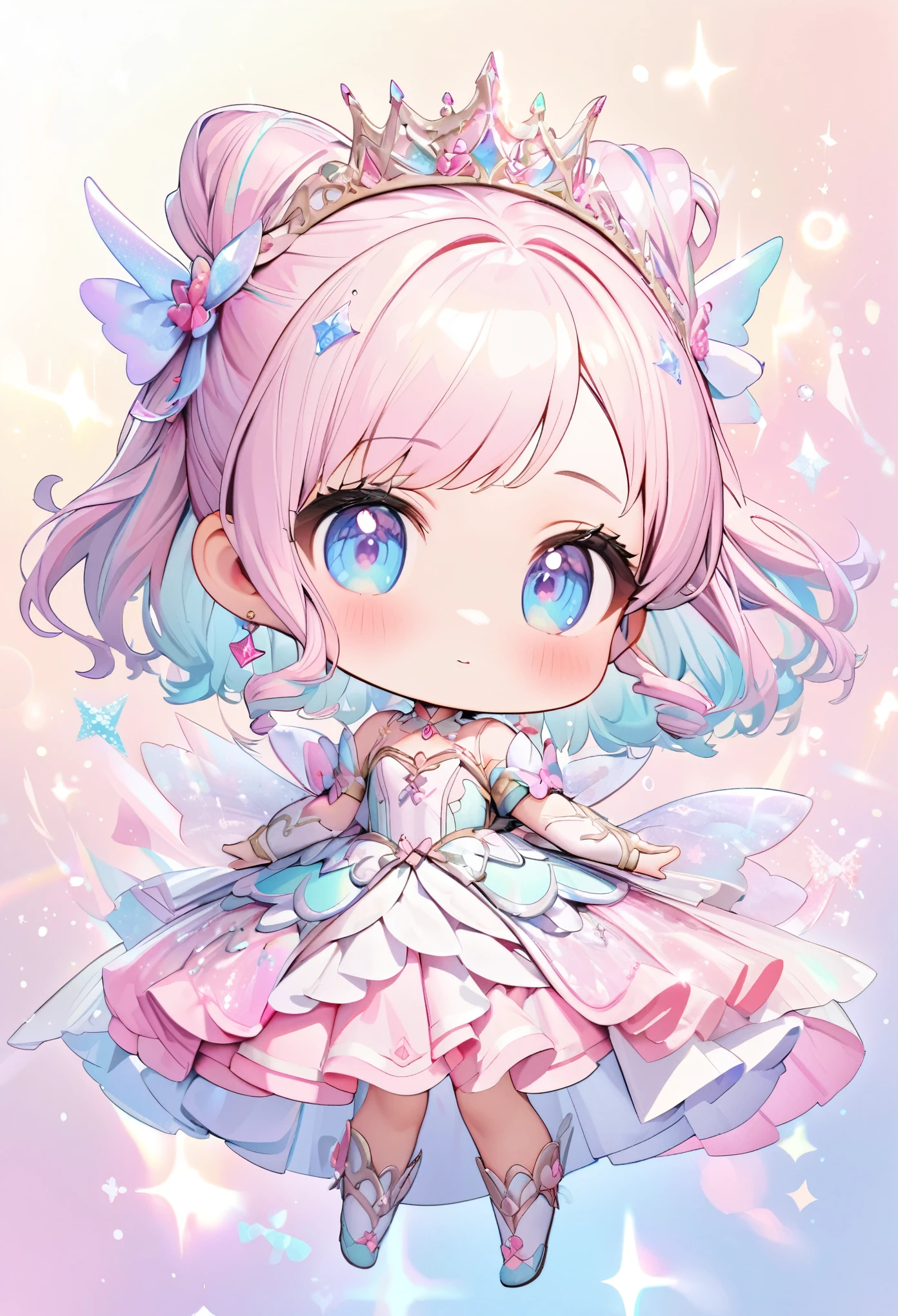 best quality, super fine, extremely detailed, 2.5D, delicate and dynamic, chibi, beautiful and cute princess, princess hairstyle, princess dress, accessories, sparkly pastel color effect background