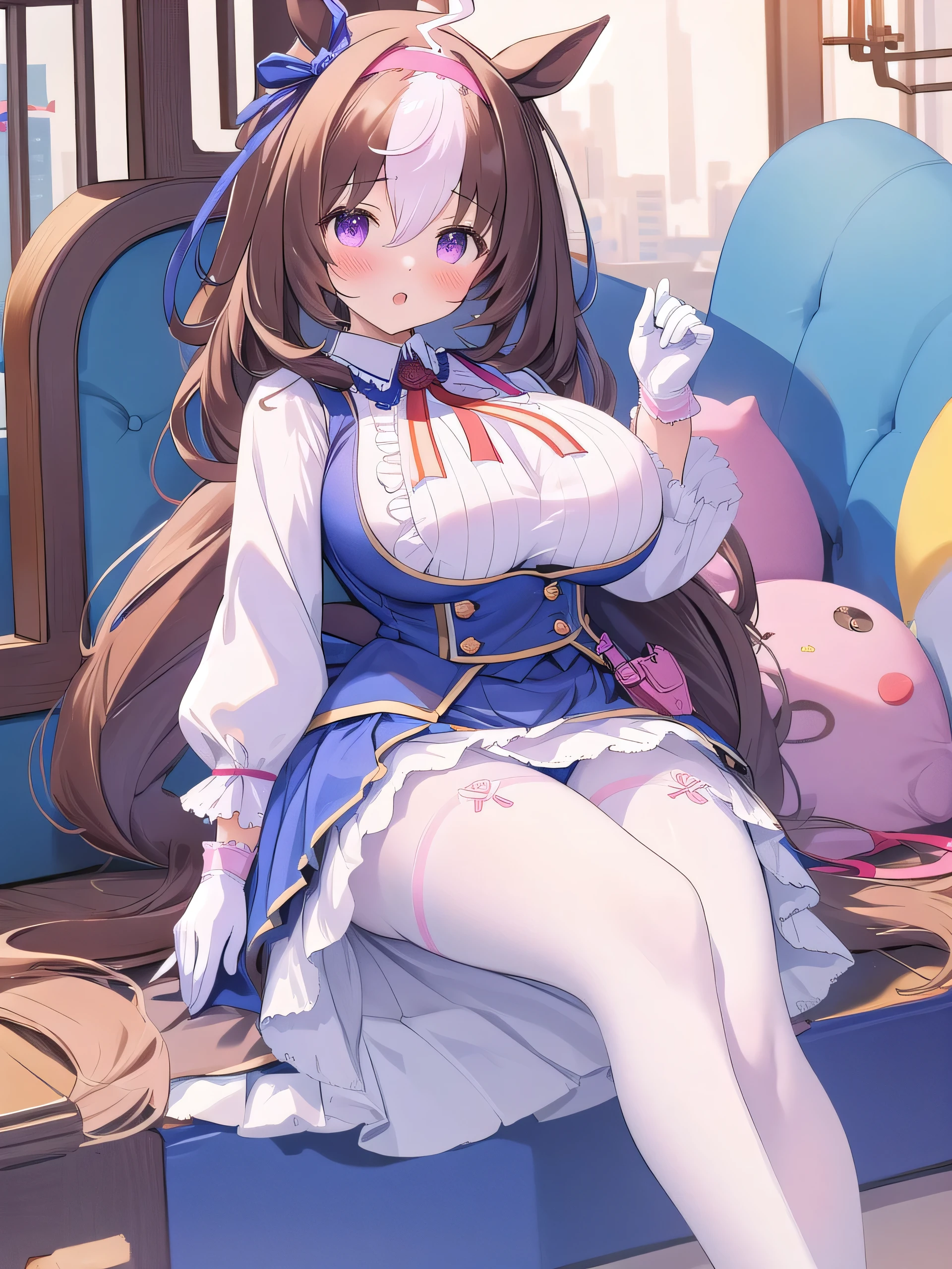 masterpiece, Highest quality, One girl, Meishi 0d0t0, Blue Skirt, shirt, Horse tail, Blue clothes, blue ear ribbon, ribbon, White legwear, frilled shirt collar, White gloves, Pink Hairband, White Pantyhose, Shoulder bag、(Huge breasts:1.4)、Sit with your legs apart、Cute Panties
