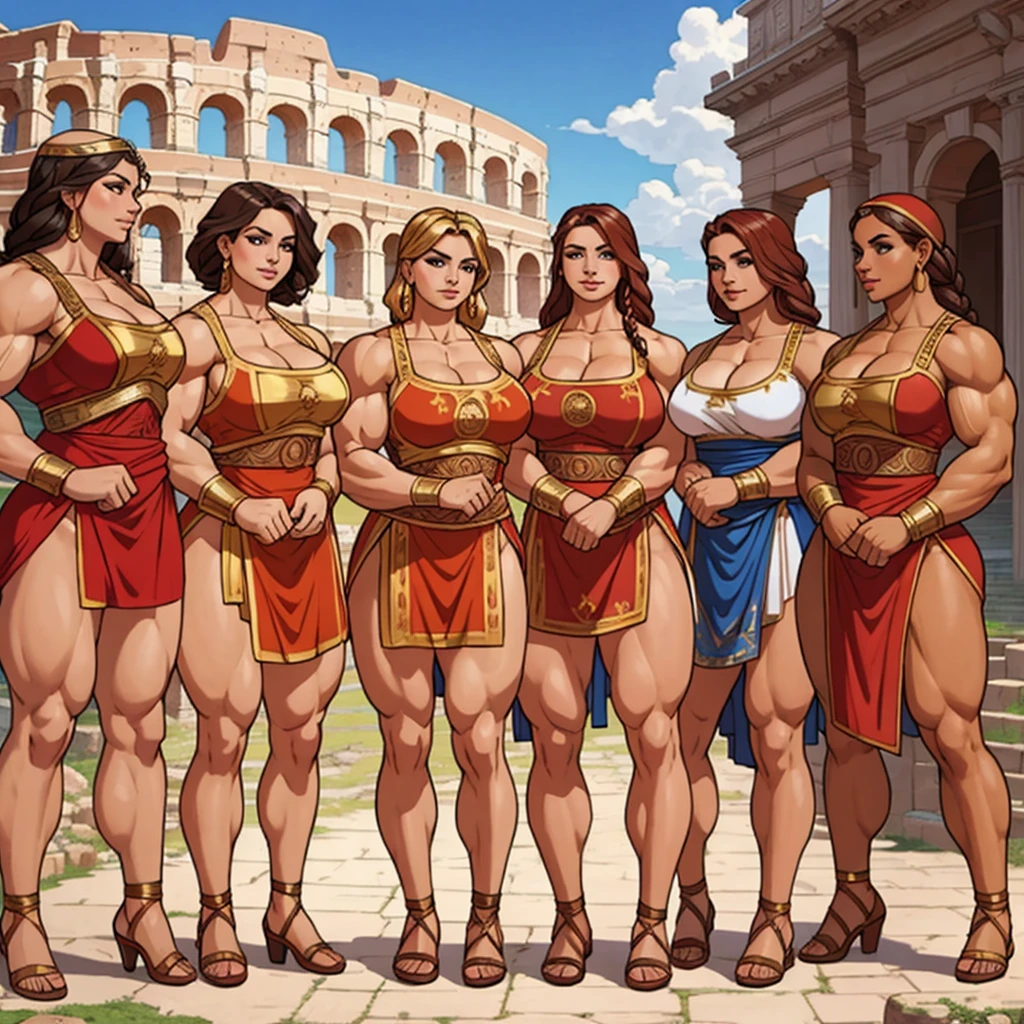 group of girls in roman attire, young, muscular, athletic, buff, attractive, curvy, powerful,