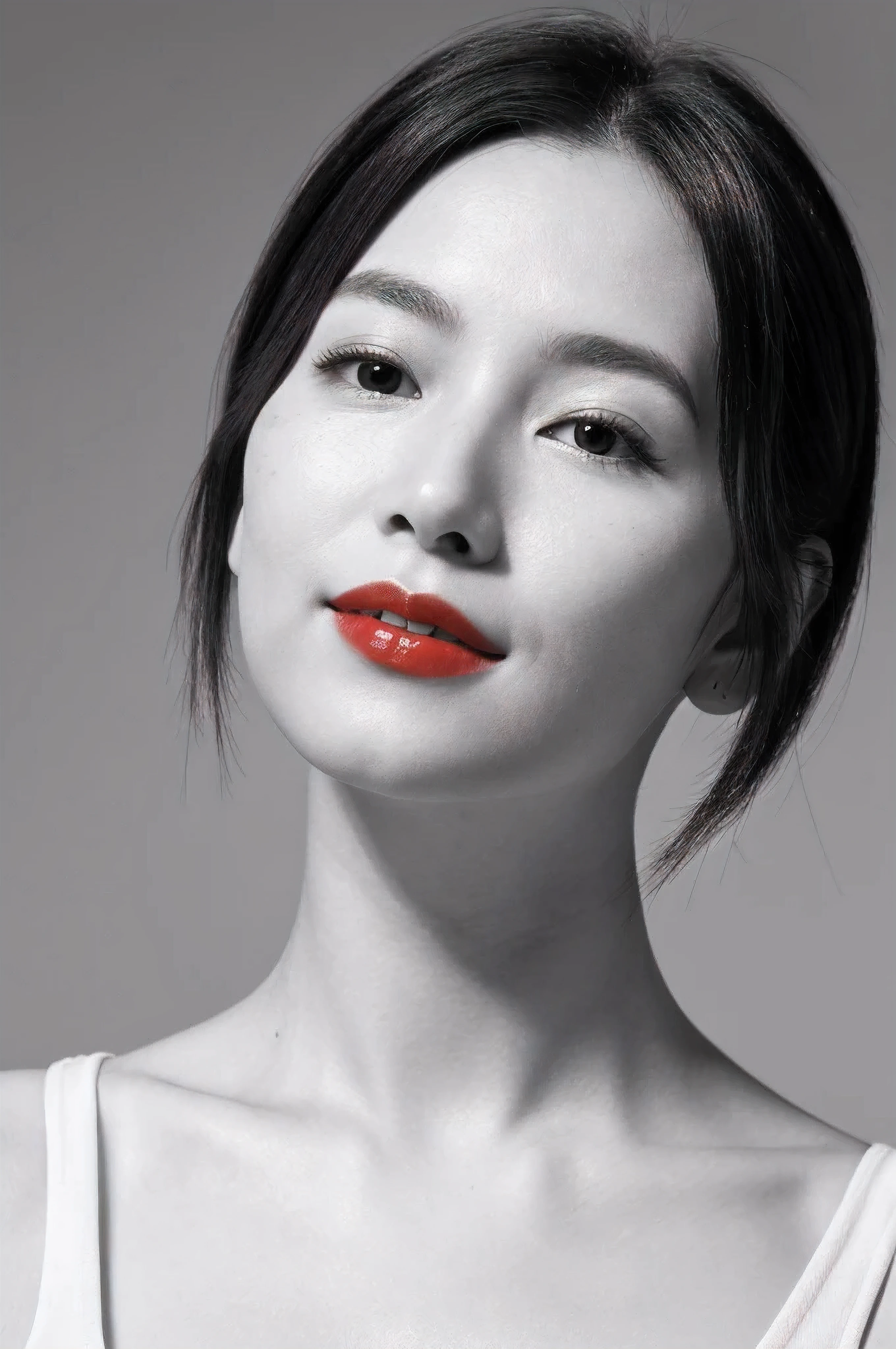 best quality, Practical, Very detailed, high resolution, 8k wallpaper, original photo, Professional photography, Reality, (((Black and White Photography))), 1 girl, (Expectations), Upper Body, short hair, Small, well-shaped breasts, Perfect face, (((Only the lips are red))), ((Looking at the camera)), (From below),The pores on the face can be seen