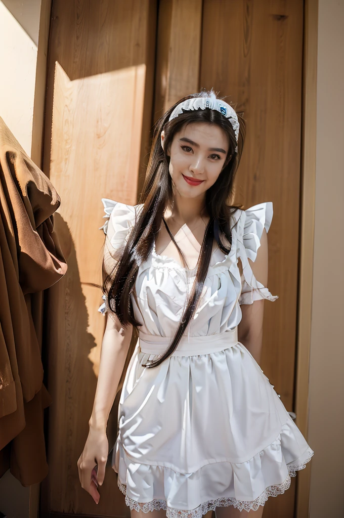 (((best quality))),(((ultra detailed))),(((masterpiece))),illustration,1girl,maid cafe,stunningly beautiful,slim,medium straight bob hair,flat chest,deep captivating eyes,maid costume,lace apron,bare arms,arms behind back,slender legs,pantyhose,graceful movements,confident charm,warm genuine smile,France cafe,sliding paper doors,delicious coffee pastries,warm inviting atmosphere,joyful eyes,Coffee Machine,upper body