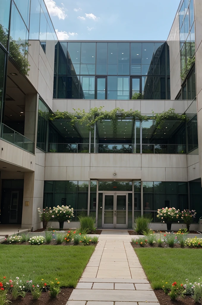 Campus building with glass walls, has a flower garden in the yard
