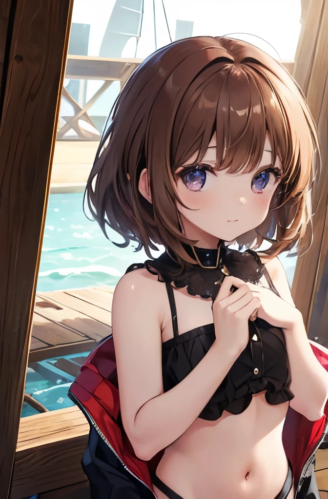Highest quality,8K,High definition,,Face like an actress,,blouse,Brown hair long,Cute as a little sister,navel,deckhand
