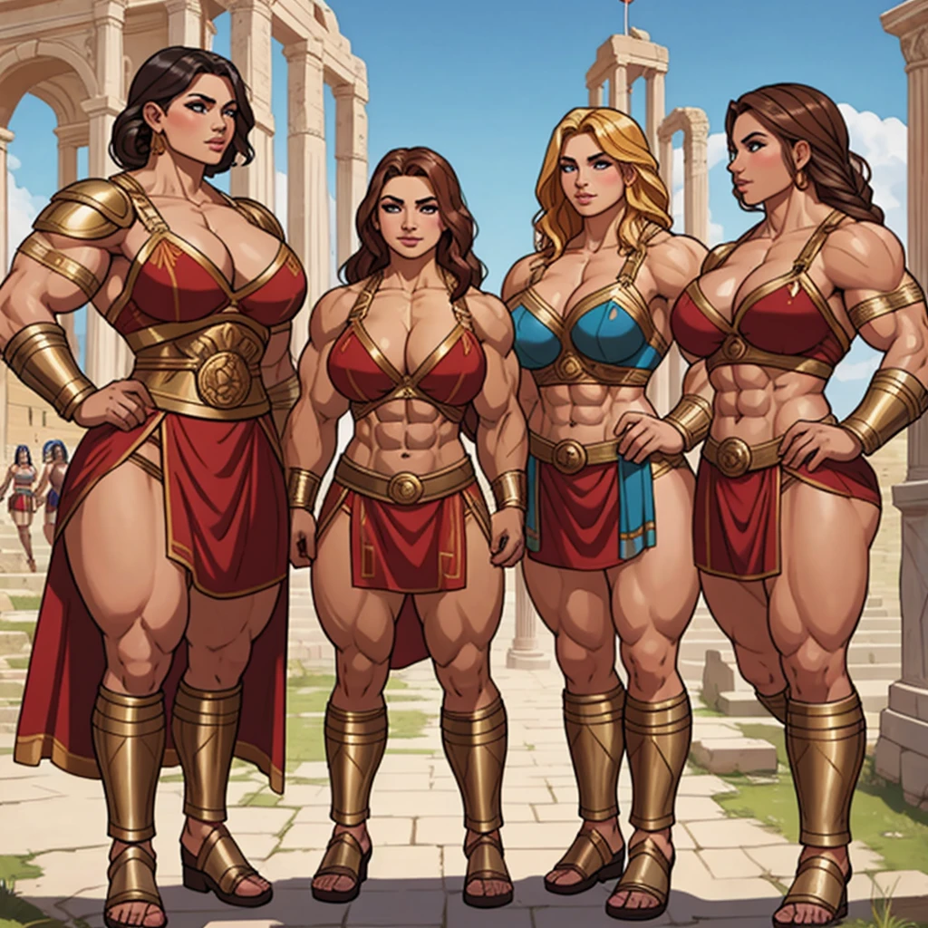 group of girls in roman gladiator clothing, young, muscular, athletic, buff, attractive, curvy, powerful, 