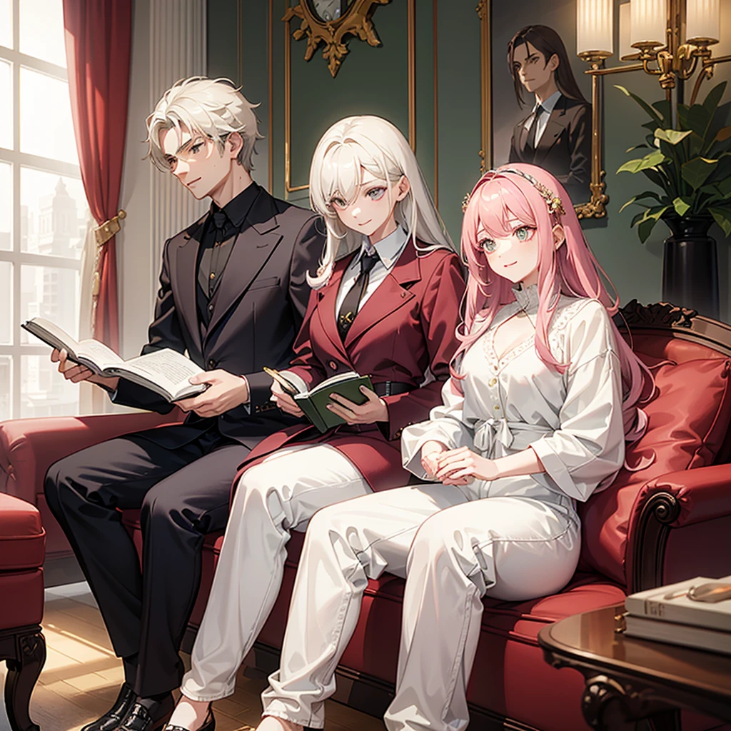 In a modern living room, bathed in sunlight streaming through open curtains, a young man and a young woman sit together on a comfortable sofa. The man has striking features: white hair, glimmering yellow eyes, and a slender build. He wears a crisp white shirt paired with white jogging pants, and holds a meticulously detailed smartphone, his expression warm and smiling. Across from him, the woman captivates with her long pink hair and matching pink eyes, dressed in a pink shirt and jeans. She is engrossed in a green book, her attention entirely absorbed to the book.
The scene is a masterpiece of artistic detail, characterized by top-quality animation. Both characters possess expressive eyes, flawless faces, and hands with perfect anatomical detail, down to their fingers. The setting complements their modern aesthetic, with meticulously designed furnishings and decorations enhancing the modern ambiance of the room.