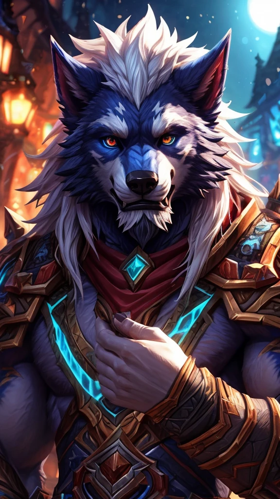 4K, high resolution, best quality, Perfect color, Perfect shadow, Perfect lighting, Posted on e621 (patto art style), arms, Furry Art!!!, Detailed fan art, Official Fanart, high quality fanart, World of Warcraft同人画, fursona Furry Art commission, very very beautiful Furry Art, Furry Art, Furry anime, high resolution佣金, fursona art, World of Warcraft风格, wallpaper, Detailed key animation art, Strong, Full body portrait, panoramic, (Realistic eye details: 1:2), High Detail, high quality, The award-winning, HD, 16K, (best quality,4K,8K,high resolution,masterpiece:1.2),Extremely detailed,Practical:1.37,HDR,UHD,Studio Lighting,Extremely detailed的描述,professional,Bright colors,Bokeh,Active atmosphere, Natural Lighting,Reference Blizzard Games《World of Warcraft》Genn Greymane,Werewolf,Absolutely pure white hair,References about《World of Warcraft》的吉恩·格雷迈恩Werewolf形态图片