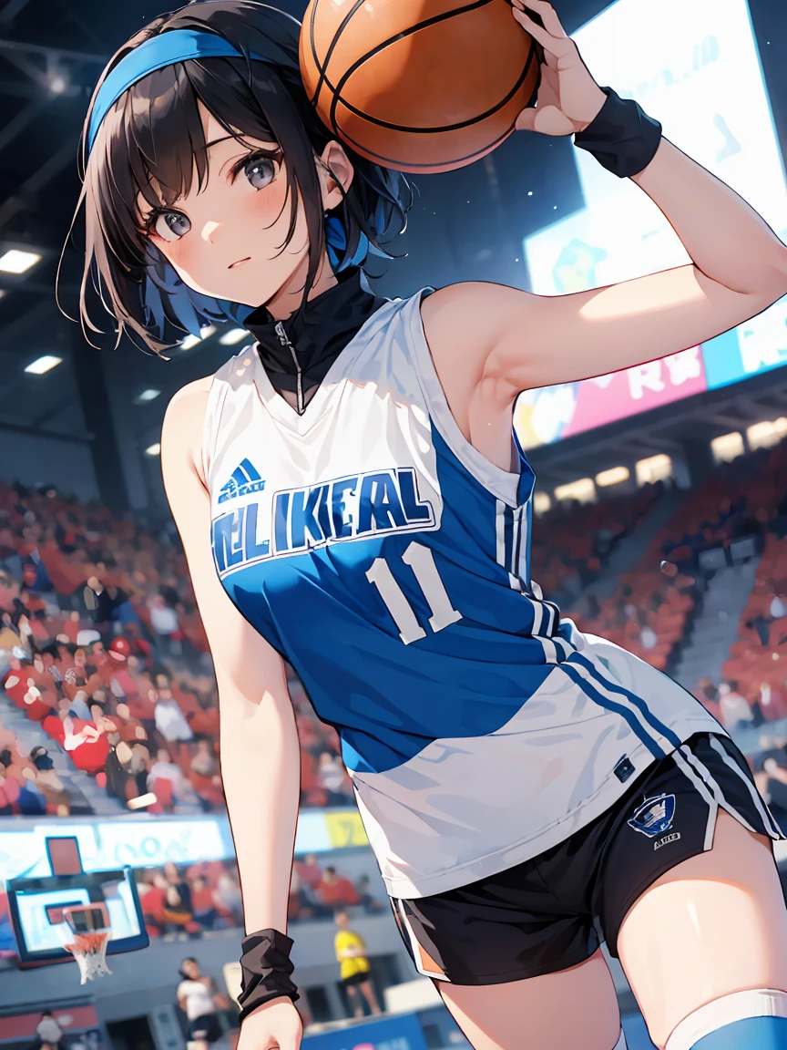 in a girl、funny、dress,(small breasts ) , short black hair, black eyes, playing basketball, blue sleeveless t-shirt with the number 10 on the chest and back, Matching shorts with a white line design on the sides, white sports shoes with blue details, white knee high socks, white wristbands, blue headband