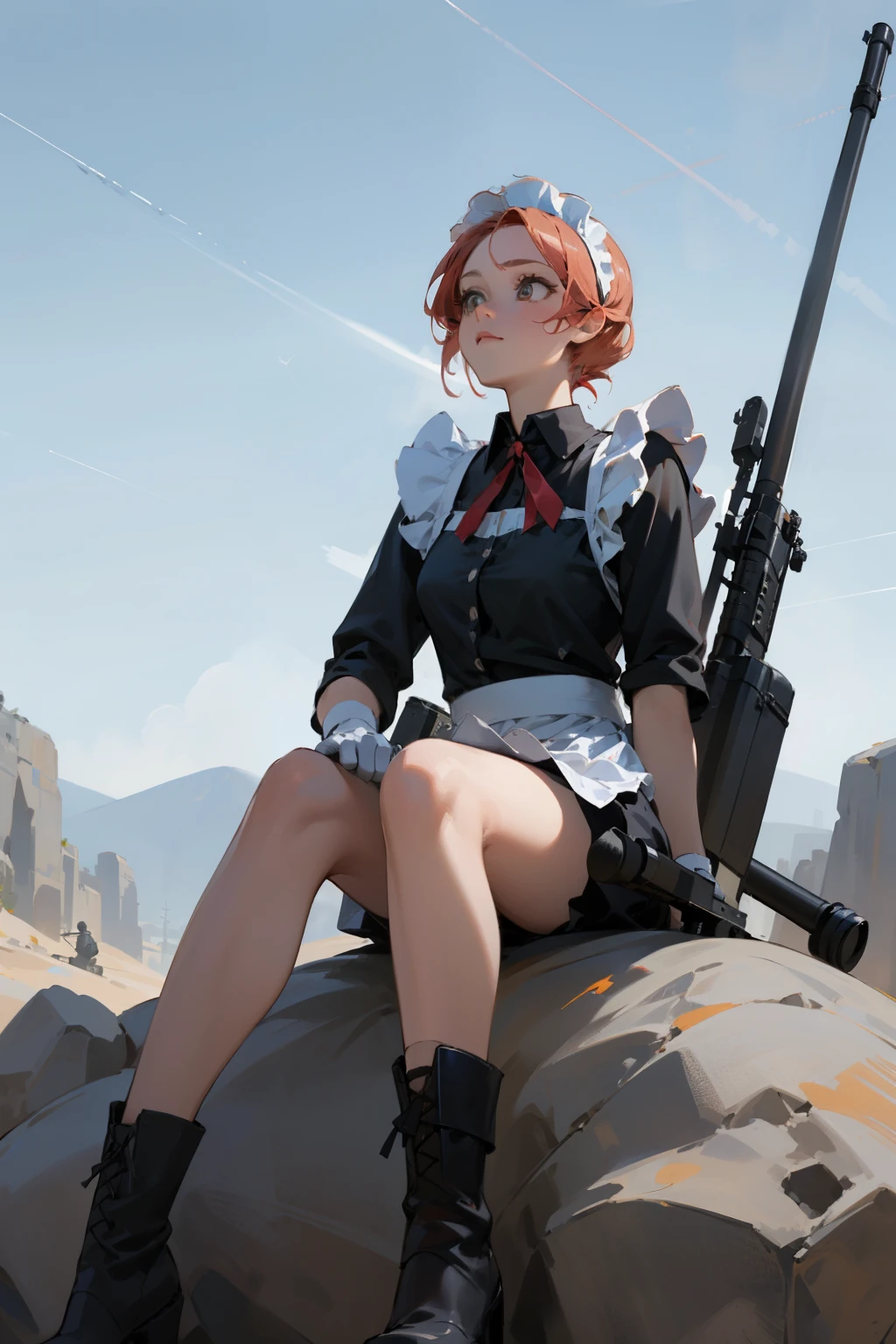 (masterpiece), ((best quality)), (super detailed), (beautiful eyes beautiful details eyes, Clean and delicate face), (sitting on a huge rock looking up at the sky:1.3), solo, Red bob hair, red eyes, (maid costume, white maid headband), thigh, black gloves, army boots, sentimental in the desert, contrail, Have multiple weapons, Lahti L-39 anti-tank gun, (Sniping with anti-tank rifles)