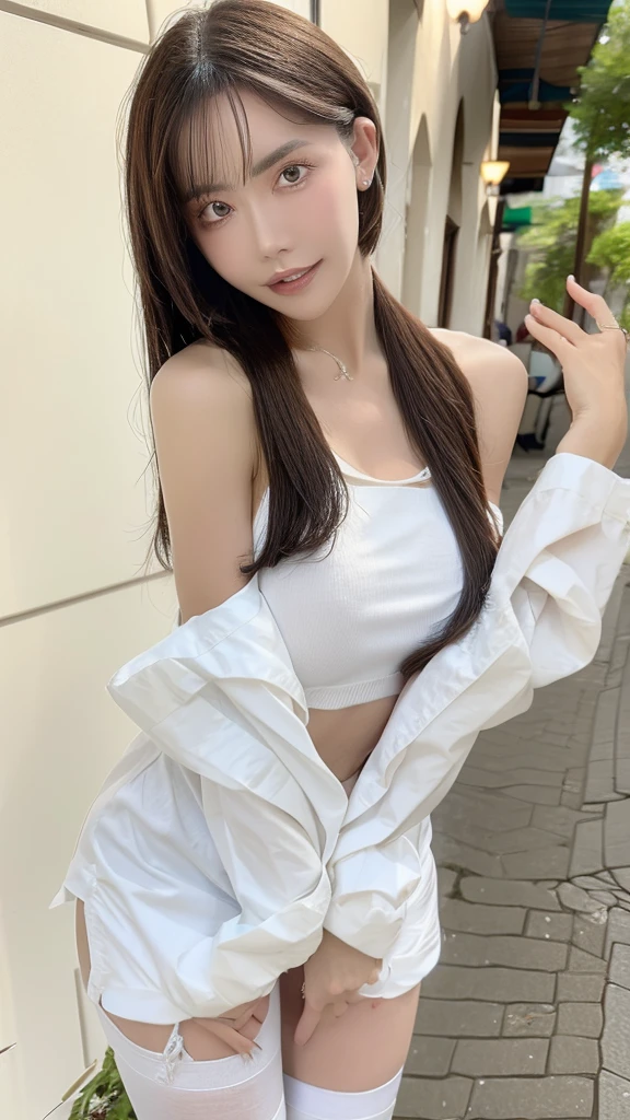 Ultra HD,vampire style,quiet temperament,cold,light makeup,sexy,beautiful beauty,intellectual,collarbone,neat long hair,black hair,delicate features,natural expression,natural eyes,sexy blue striped sweater,white stockings,barp-top,bare shoulder.standing