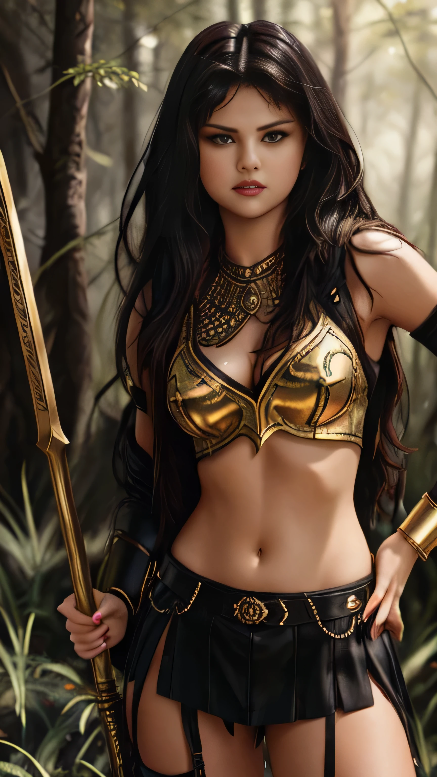 (Selena Gomez) as Xena, warrior princess, black long hair, bangs, armor, golden patterns, midriff, navel, hihg knee boots on heels, staff, standing, in the forest, 1woman, solo, full body view, front view, looking at viewer, intricate, high detail, sharp focus, dramatic, photorealistic painting art by greg rutkowski