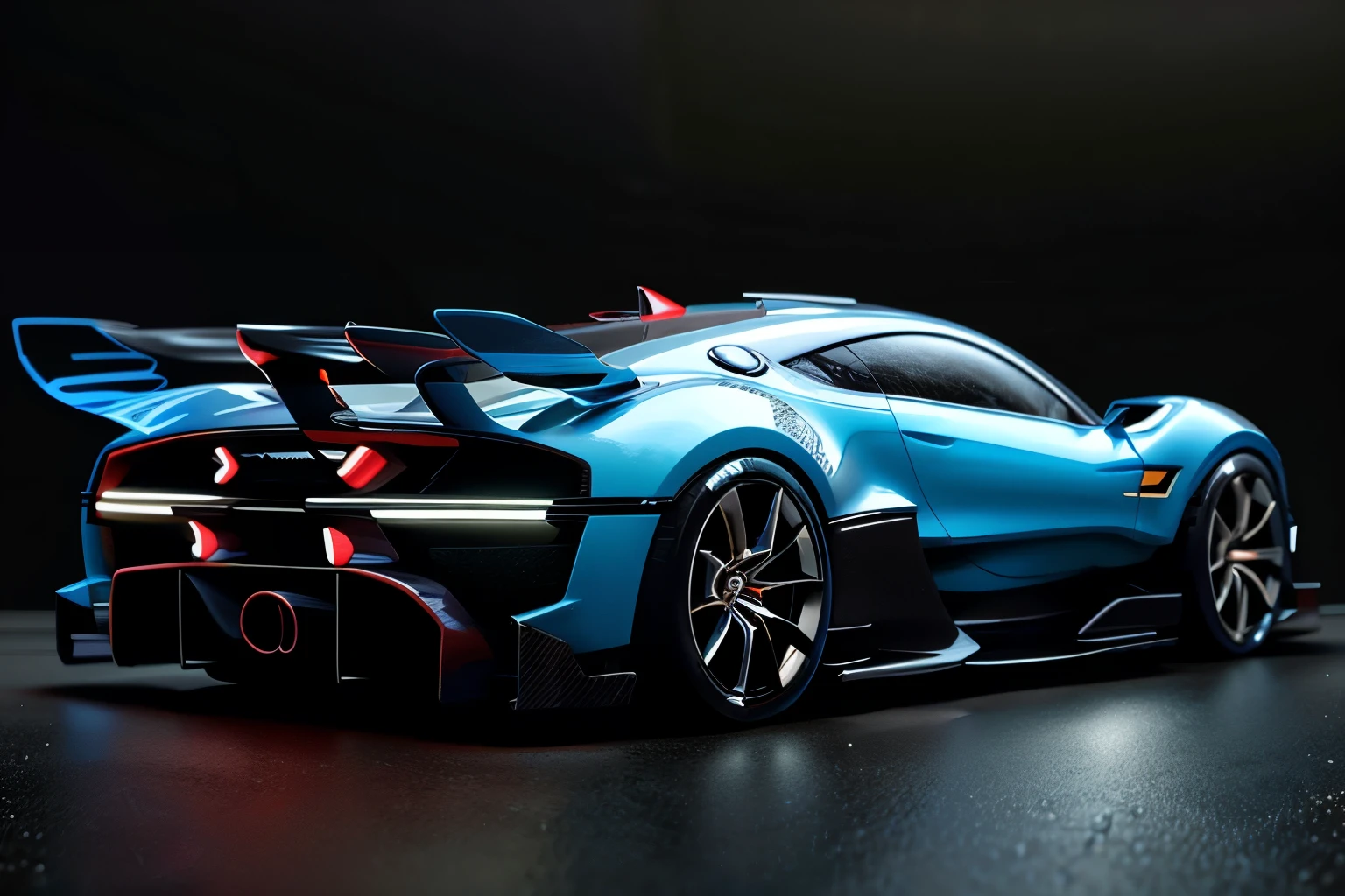 plasttech, synthetic, scifi,sport car in cyberpunk street city at night, neons, rain,fog,,detailed, intricate