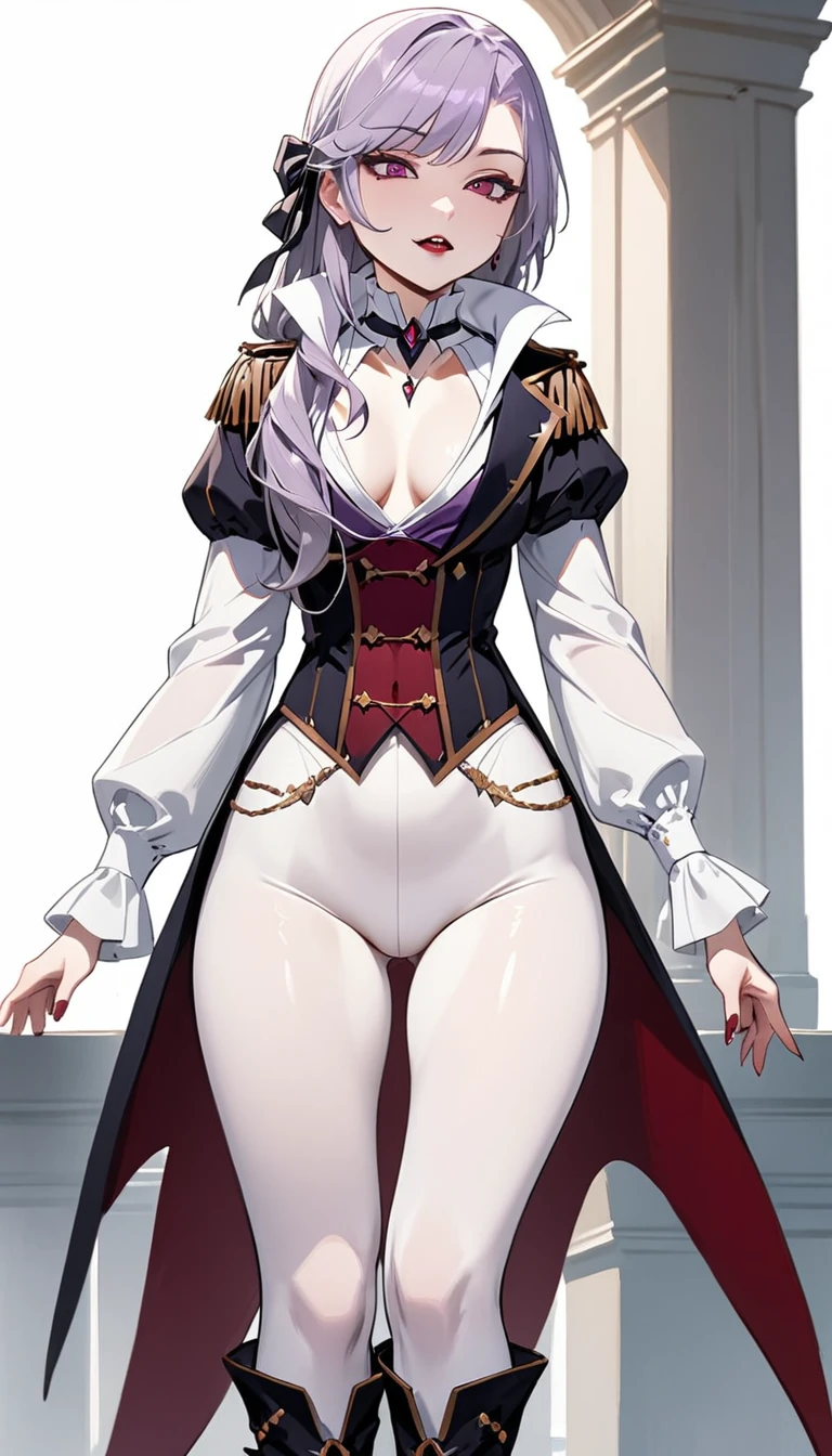 (masterpiece, best quality:1.2), 1girl, solo, Sonata, vampire, purple hair, white opaque leggings with under neck boots, white background