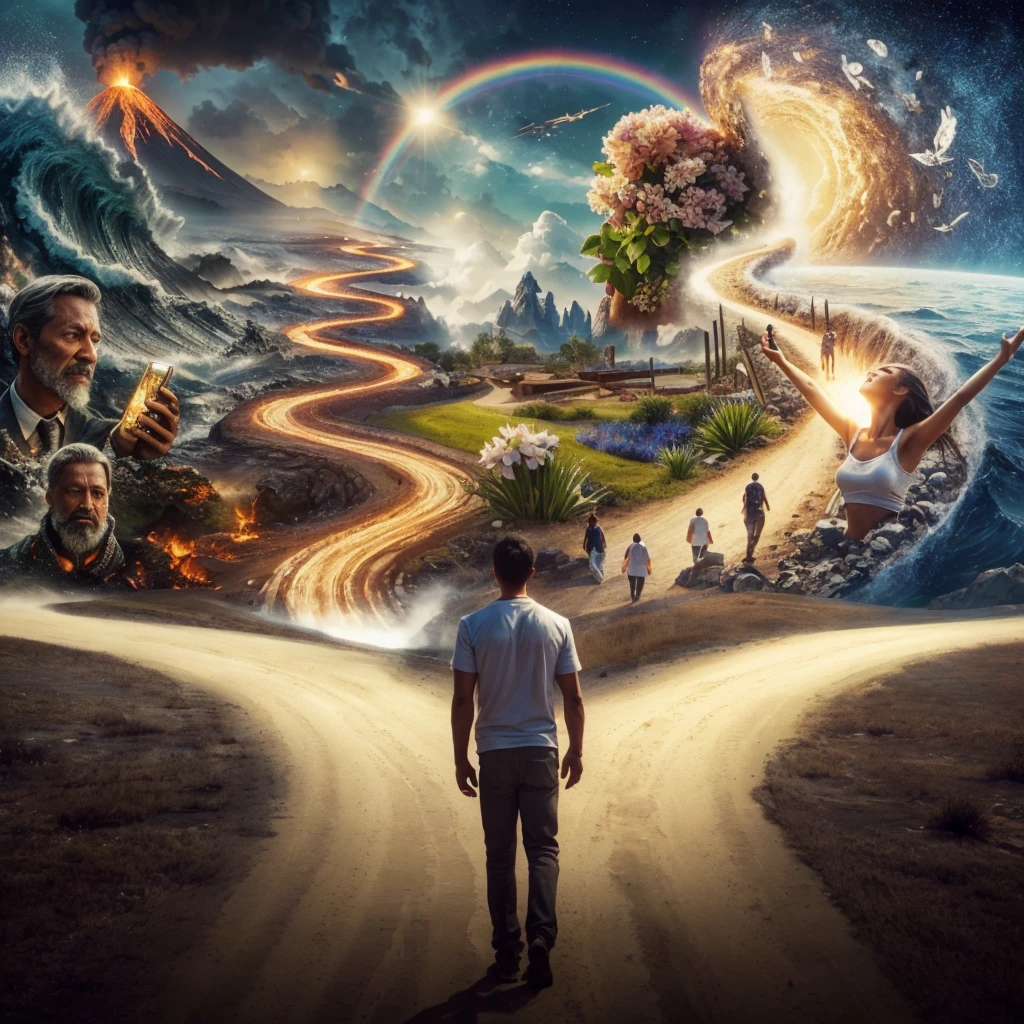 Very real image. There are two paths, one that leads you to destruction where there are volcanoes erupting, earthquakes, tidal waves, poor people. Another path that takes you to spirituality, to happiness, to goodness, to the connection with nature. Photorealism, full view, highly detailed image, very realistic, hyperrealism, Ultra HD, 8k, 5, sharp focus, intricate and mysterious masterpiece. (Long exposure photography Highly detailed close-up portrait art illustration: final quality, medium shot, backlit, rich and striking. Enigmatic and mysterious manipulations (rule of thirds composition), ((detailed environment with strong lines) The best quality, in camera, white light, warm and clean aesthetics, dazzling screen composed of millions of bright ultraviolet rays, HDR.