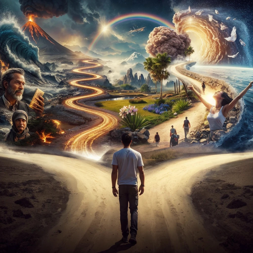 Very real image. There are two paths, one that leads you to destruction where there are volcanoes erupting, earthquakes, tidal waves, poor people. Another path that takes you to spirituality, to happiness, to goodness, to the connection with nature. Photorealism, full view, highly detailed image, very realistic, hyperrealism, Ultra HD, 8k, 5, sharp focus, intricate and mysterious masterpiece. (Long exposure photography Highly detailed close-up portrait art illustration: final quality, medium shot, backlit, rich and striking. Enigmatic and mysterious manipulations (rule of thirds composition), ((detailed environment with strong lines) The best quality, in camera, white light, warm and clean aesthetics, dazzling screen composed of millions of bright ultraviolet rays, HDR.