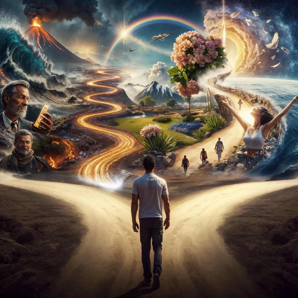 Very real image. There are two paths, one that leads you to destruction where there are volcanoes erupting, earthquakes, tidal waves, poor people. Another path that takes you to spirituality, to happiness, to goodness, to the connection with nature. Photorealism, full view, highly detailed image, very realistic, hyperrealism, Ultra HD, 8k, 5, sharp focus, intricate and mysterious masterpiece. (Long exposure photography Highly detailed close-up portrait art illustration: final quality, medium shot, backlit, rich and striking. Enigmatic and mysterious manipulations (rule of thirds composition), ((detailed environment with strong lines) The best quality, in camera, white light, warm and clean aesthetics, dazzling screen composed of millions of bright ultraviolet rays, HDR.