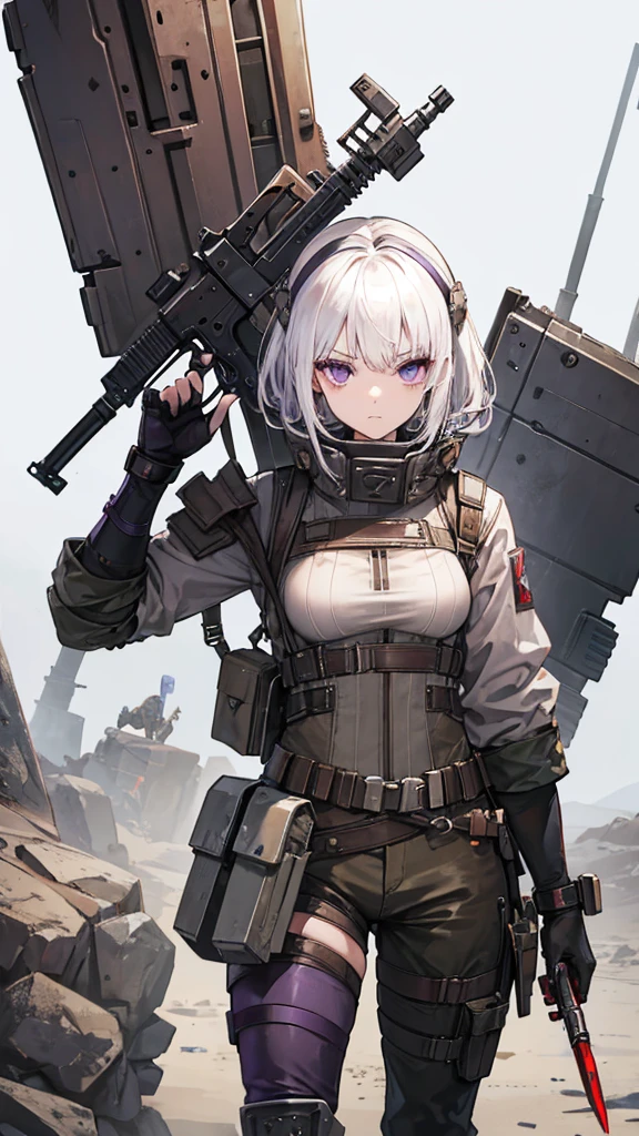 Female, White hair, purple eyes, Old Glove, 160 cm, 18 years, Knife Spear, Wasteland Overall, Turtle's Rusty bracelet, N7 Tactical Helmet2, Riot Shield, Tomboy, wasteland