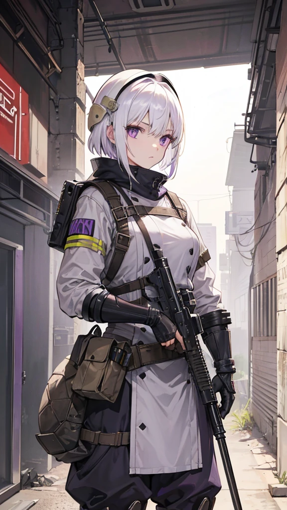Female, White hair, purple eyes, Old Glove, 160 cm, 18 years, Knife Spear, Wasteland Overall, Turtle's Rusty bracelet, N7 Tactical Helmet2, Riot Shield, Tomboy, wasteland