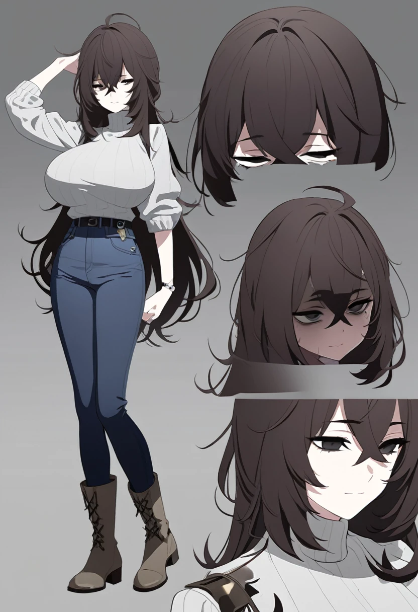 One Woman,Downer,older sister,Concept Art,Dark brown hair,Straight hair with slight inward curls,Staring eyes,Eye Ridge,black eye,Crossed bangs,whole body,smile,Larger breasts,Gray background,Bangs that reach down to the eyes,Messy hair,Tight dark jeans,Gray turtleneck sweater,Multiple views of the same character,Character Design,Dark circles under the eyes,Bad look,Listless,Sloppy,Silver Jewelry,Cafe staff,whole bodyCharacter Design,Detailed hands,Height: 170cm,boots,fleshy,