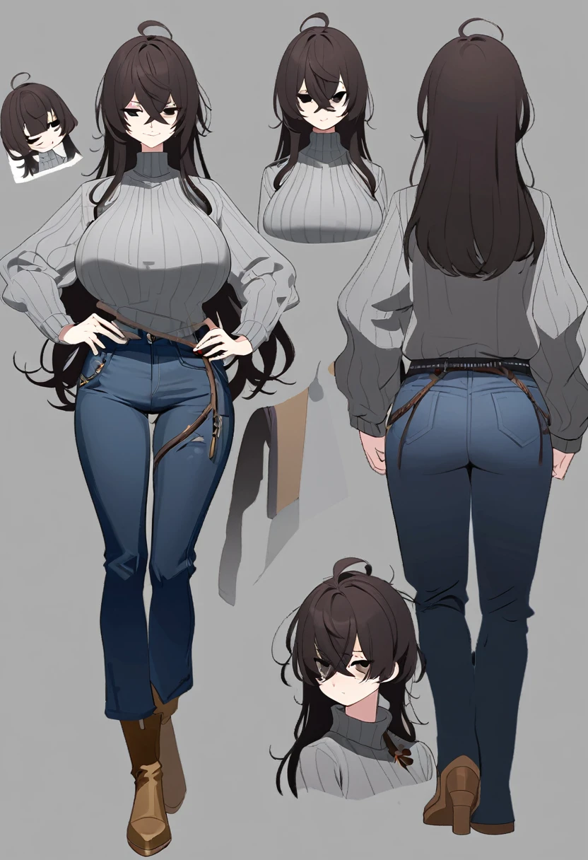 One Woman,Downer,older sister,Concept Art,Dark brown hair,Straight hair with slight inward curls,Staring eyes,Eye Ridge,black eye,Crossed bangs,whole body,smile,Larger breasts,Gray background,Bangs that reach down to the eyes,Messy hair,Tight dark jeans,Gray turtleneck sweater,Multiple views of the same character,Character Design,Dark circles under the eyes,Bad look,Listless,Sloppy,Silver Jewelry,Cafe staff,whole bodyCharacter Design,Detailed hands,Height: 170cm,boots,fleshy,