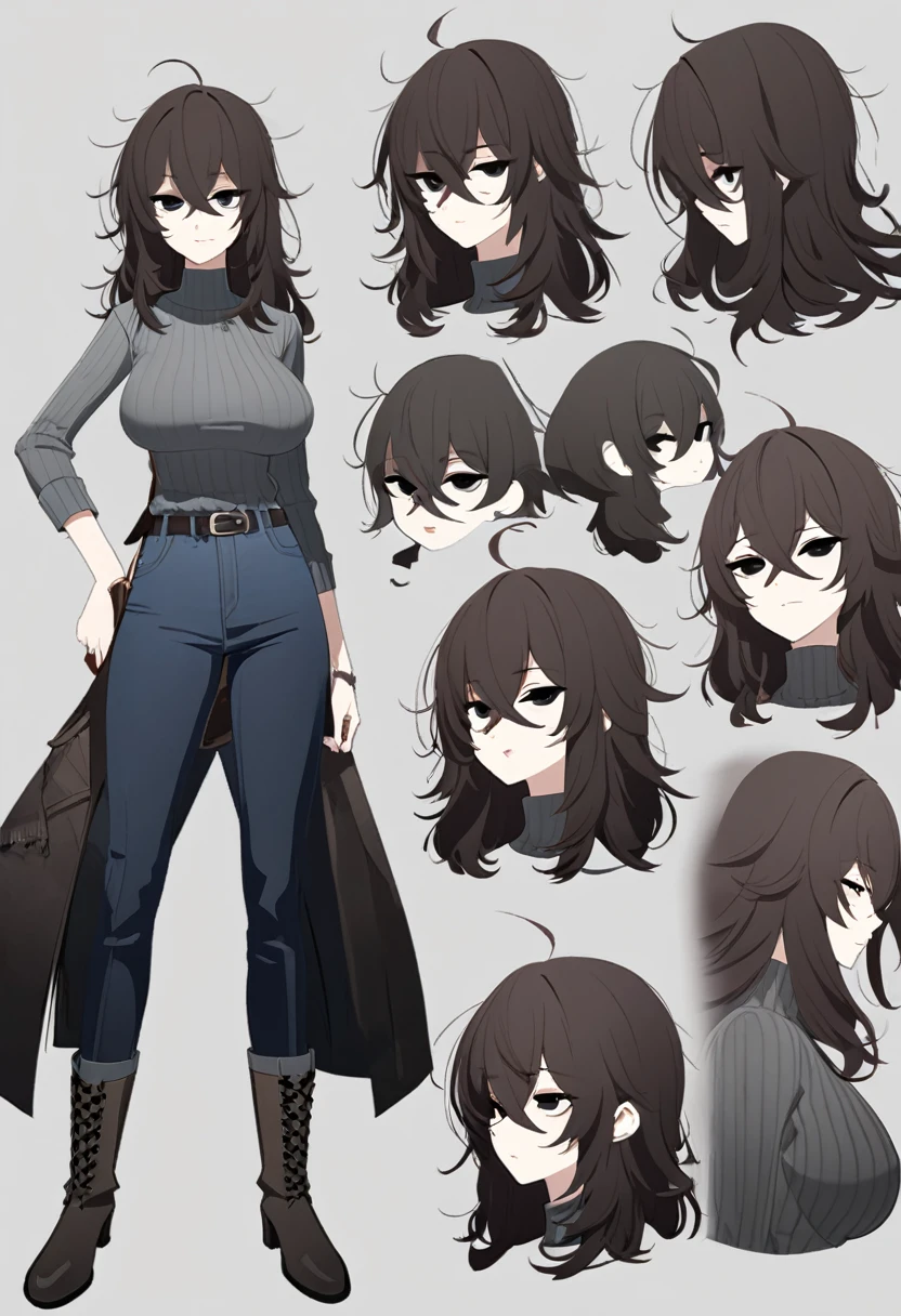 One Woman,Downer,older sister,Concept Art,Dark brown hair,Straight hair with slight inward curls,Staring eyes,Eye Ridge,black eye,Crossed bangs,whole body,smile,Larger breasts,Gray background,Bangs that reach down to the eyes,Messy hair,Tight dark jeans,Gray turtleneck sweater,Multiple views of the same character,Character Design,Dark circles under the eyes,Bad look,Listless,Sloppy,Silver Jewelry,Cafe staff,whole bodyCharacter Design,Detailed hands,Height: 170cm,boots,fleshy,