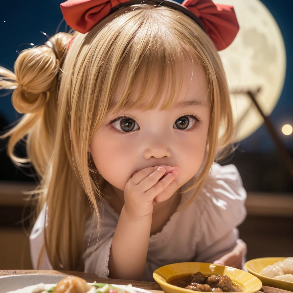 ultra detailed, ultra high res, k, Masterpiece, top quality, beautiful eyes in detail, high definition background, bright and beautiful atmosphere, 3 girls (2 1 short-tempered round face), Chibi (1 child) (hair) , surface effect), color effect), small breasts, blonde hair, decorated with many buns under the full moon, a mini pig on a girl's shoulder, a girl eating dumplings on a plate and looking delicious. A lot of mini pigs staring at the moon, mini pigs stuffing their mouths with dumplings, mini pigs with sleepy faces, deltamon_sdXL:0.73) >Deltamon negative prompt