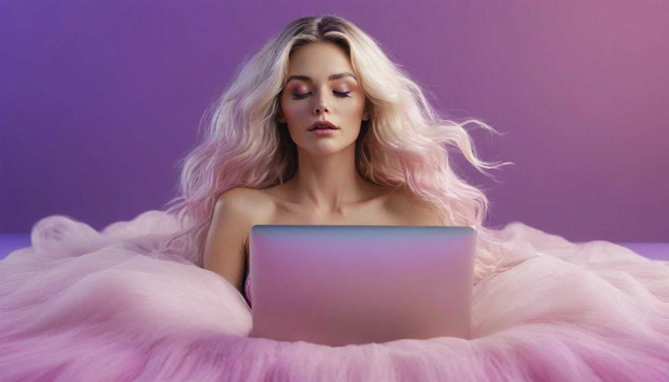 laptop in hands, squirting naked blackhair woman with long hair laying on bed, she holds laptop in her hands, open mouth, glowing with pink and purple colours, hair floating covering chest, wavy hair spread out, she is laying on her back, attractive neck, sensual woman, hands on face, laying on her back, pale skin curly blond hair, sensuality, fashion model face closed eyes, fashion model face, close up of a blonde woman, she is having orgasm, minimalistic, in a light purple and pink style, with soft edges and blurred details, in the toycore style, with a 3D render, on a colorful background, with a minimalist stage design, in a surreal style, with a cinema4D rendering, with a minimalist style, with low saturation, using gradient colors, with a cinema4D rendering, with a blender rendering, with super detail, at a super high resolution, at a super high definition
