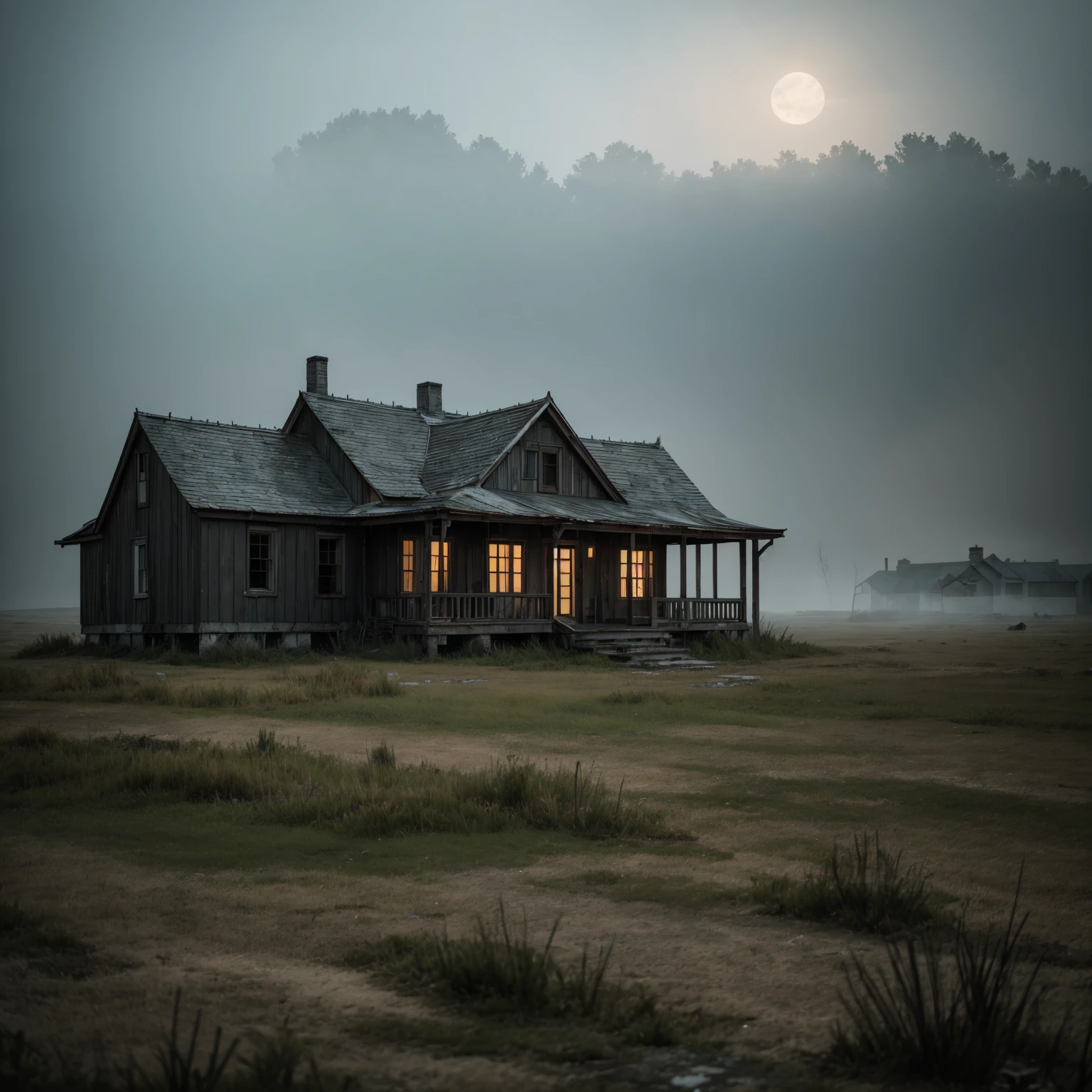 a lonely abandoned house in the middle of a desolate landscape, fog and mist swirling around, the house slowly fading into the background, a sense of melancholy and solitude, beautiful detailed house, overgrown grass and weeds, cracked and weathered walls, broken windows, moonlit night, moody dramatic lighting, muted color palette, cinematic composition, intricate details, photorealistic, masterpiece