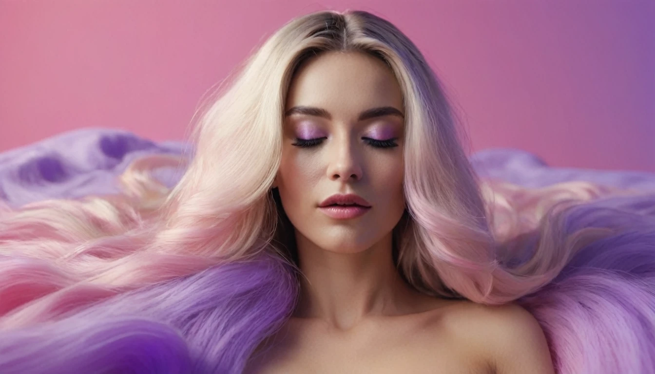 laptop in hands, squirting naked blackhair woman with long hair laying on bed, she holds laptop in her hands, open mouth, glowing with pink and purple colours, hair floating covering chest, wavy hair spread out, she is laying on her back, attractive neck, sensual woman, hands on face, laying on her back, pale skin curly blond hair, sensuality, fashion model face closed eyes, fashion model face, close up of a blonde woman, she is having orgasm, minimalistic, in a light purple and pink style, with soft edges and blurred details, in the toycore style, with a 3D render, on a colorful background, with a minimalist stage design, in a surreal style, with a cinema4D rendering, with a minimalist style, with low saturation, using gradient colors, with a cinema4D rendering, with a blender rendering, with super detail, at a super high resolution, at a super high definition