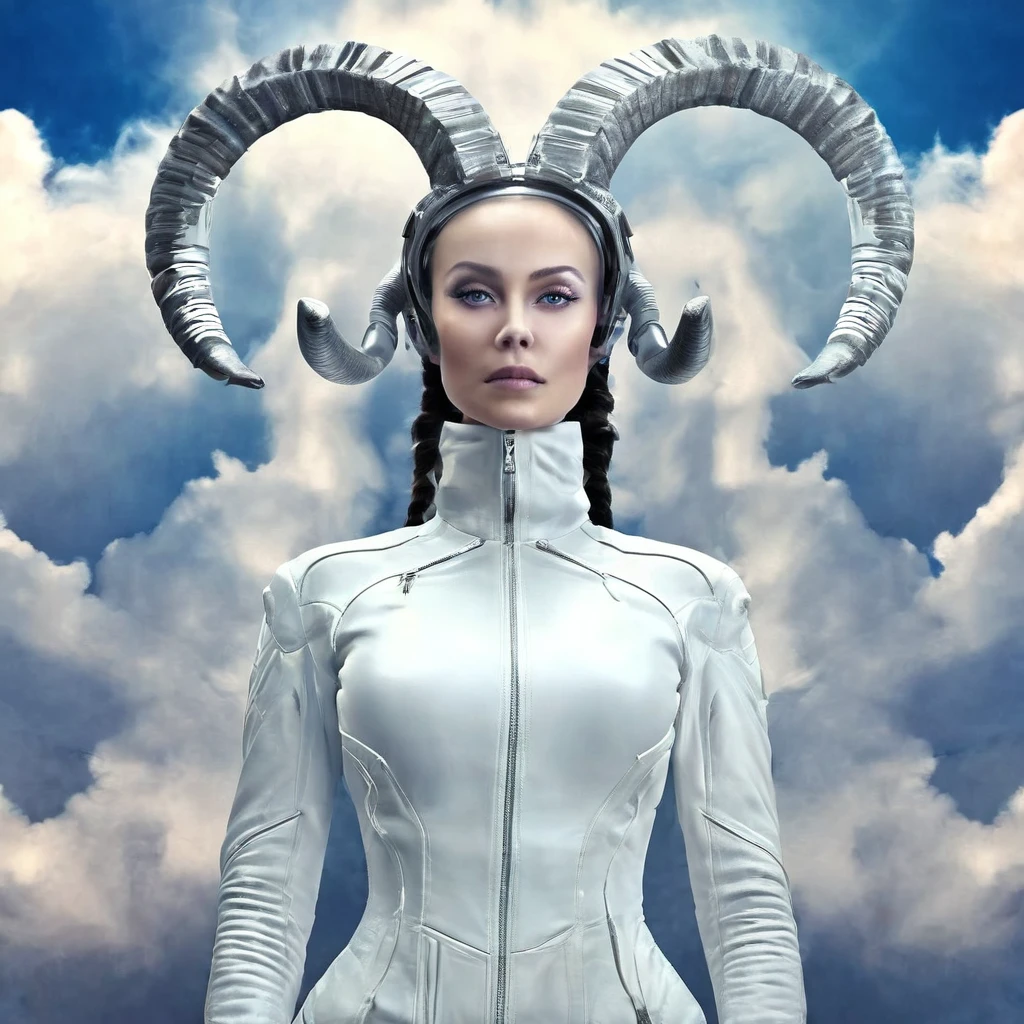 there is a woman with a goat's head in the clouds, symmetrical portrait scifi, futuristic woman portrait, an image of a beautiful cyborg, surreal portrait, surreal beautiful young woman, face made out of clouds, humanoid woman, beautiful surreal portrait, portrait of female humanoid, 3 d goddess portrait, white cyclops portrait in sky, face in the clouds